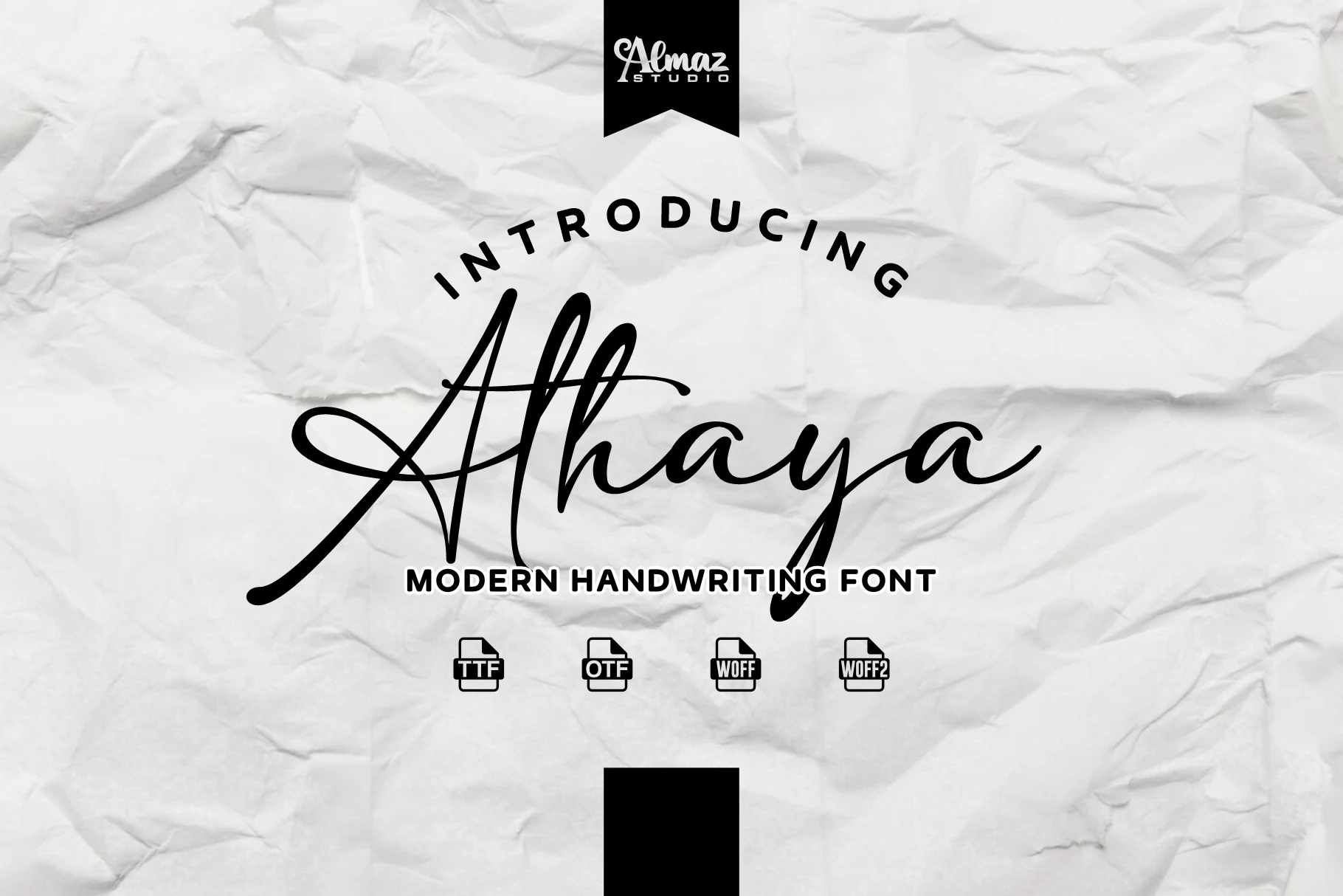 Athaya Font displayed in a flowing connected script with high stroke contrast and elaborate calligraphic flourishes.