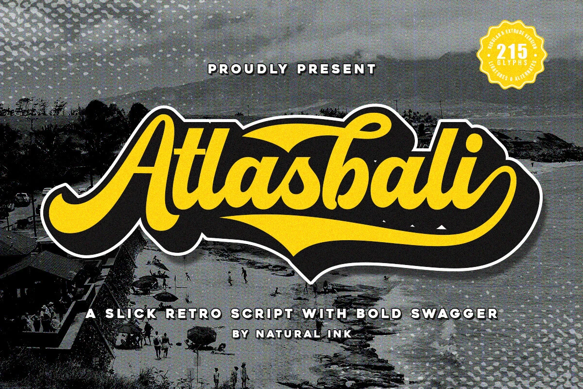 Atlasbali Font shown as a bold connected script with a pronounced rightward slant and sweeping final swash.