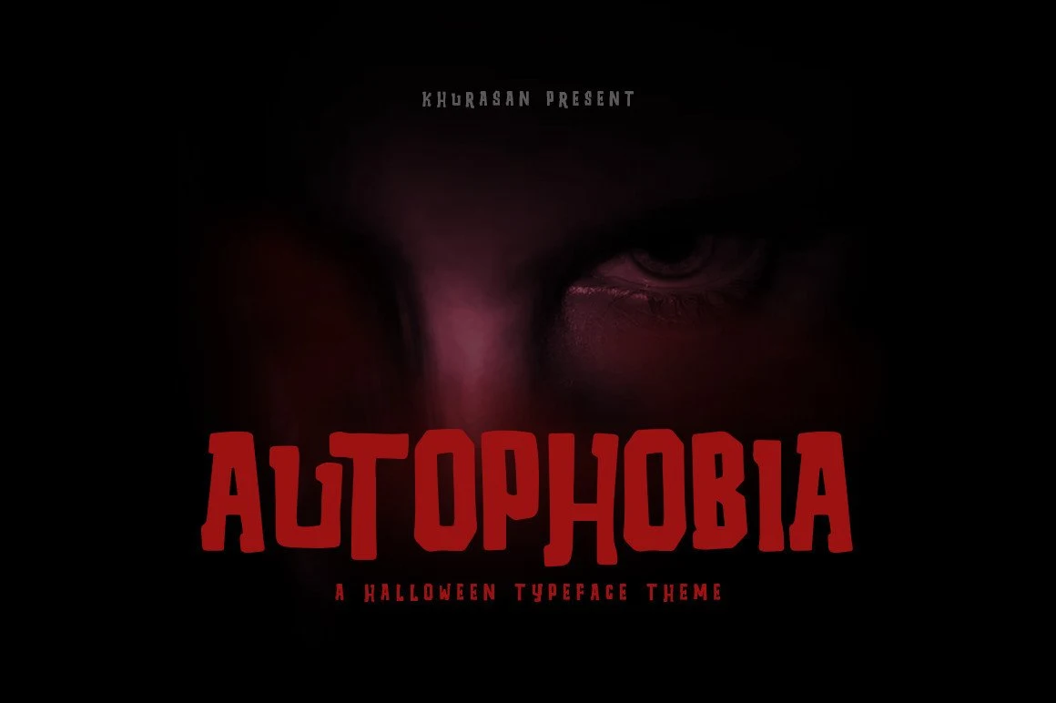 Autophobia Font is a bold display typeface with jagged edges, distressed texture, and uneven stroke thickness.