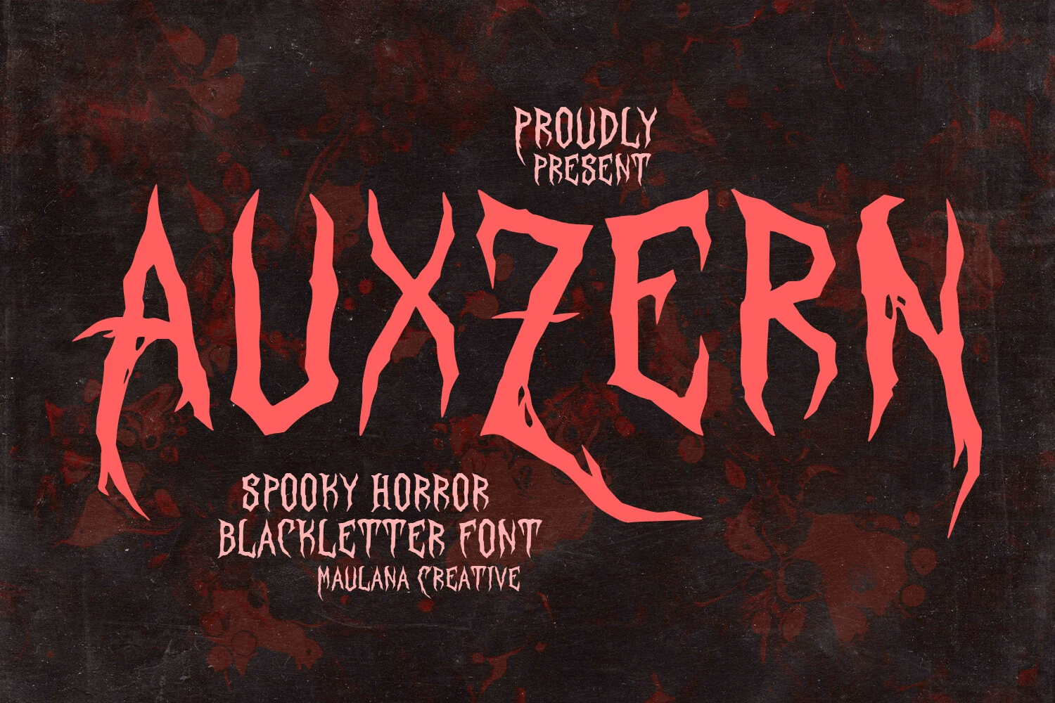 Auxzern Font in a condensed blackletter style with sharp thorn-like terminals, jagged edges, and high stroke contrast.
