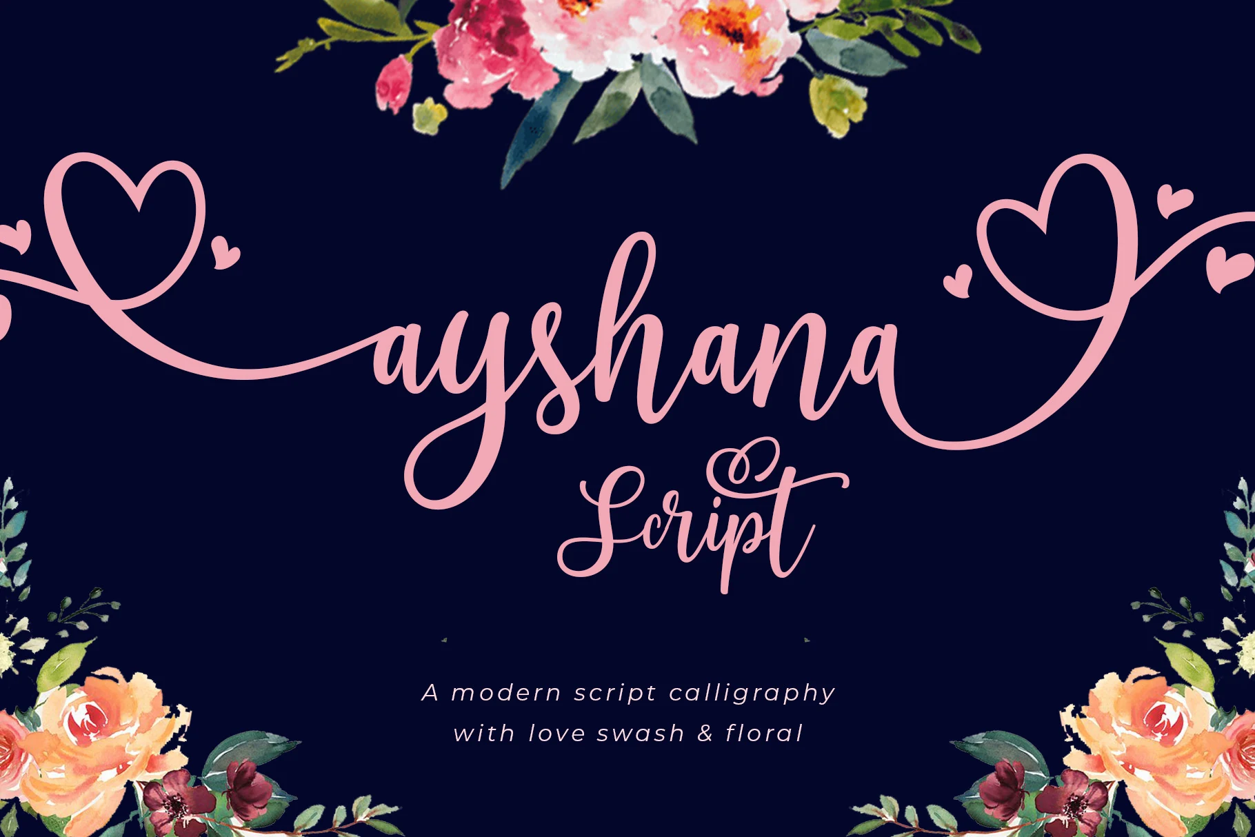 Ayshana Script Font featuring connected cursive letters, high stroke contrast, and heart-shaped decorative swashes.