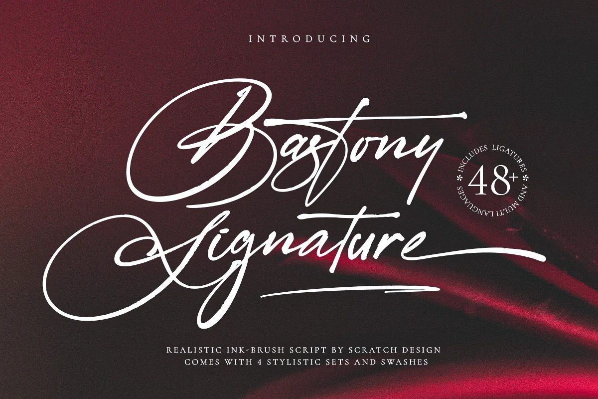 Bastony Signature Font features flowing connected script, pronounced cursive slant, decorative swashes, and dry-brush texture.
