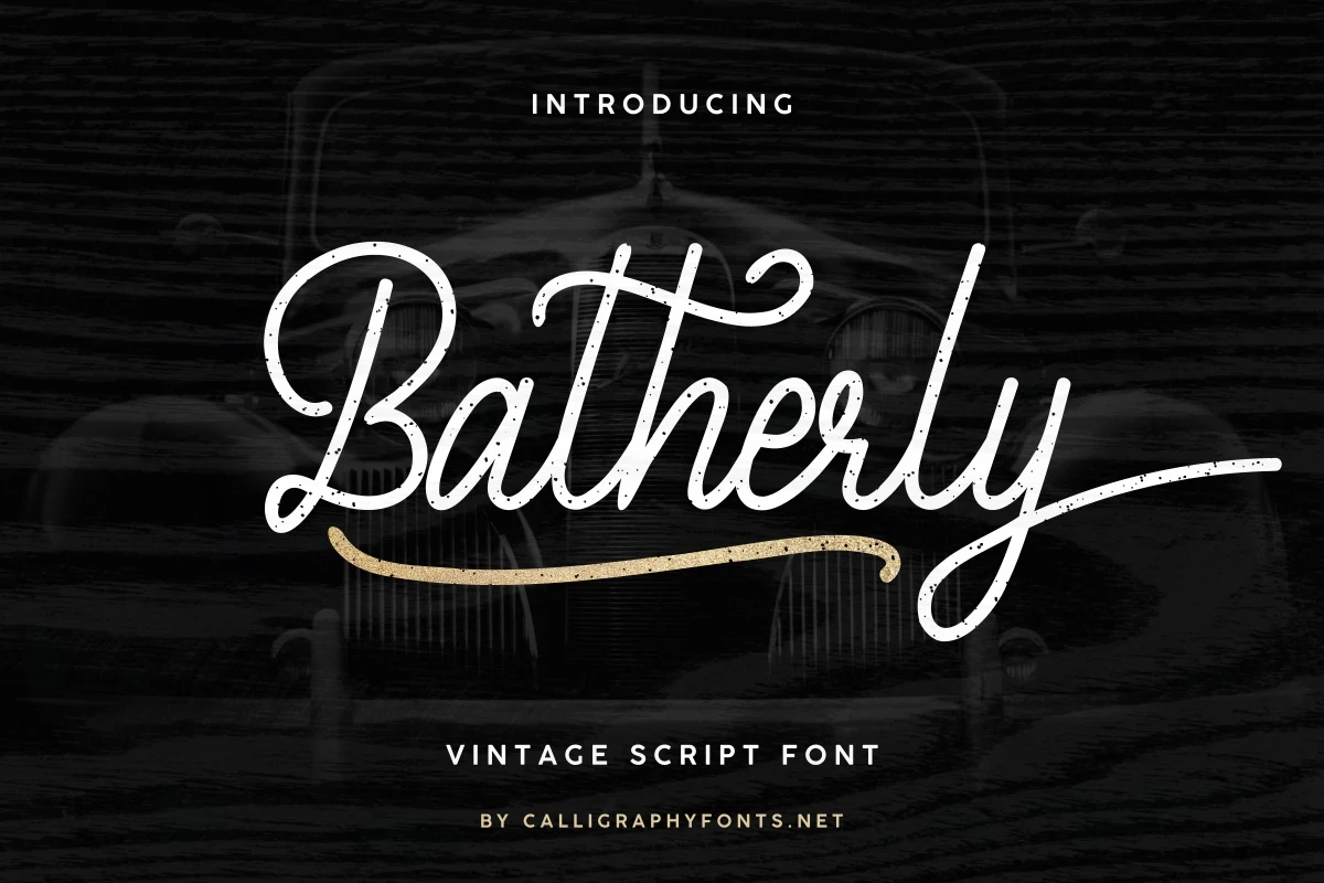 Batherly Font featuring Connected cursive letterforms and Pronounced rightward slant