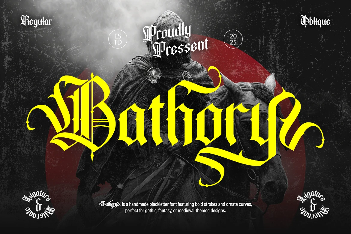 Bathory Font featuring an ornate blackletter display style with sharp terminals, angular joints, and sweeping flourishes.