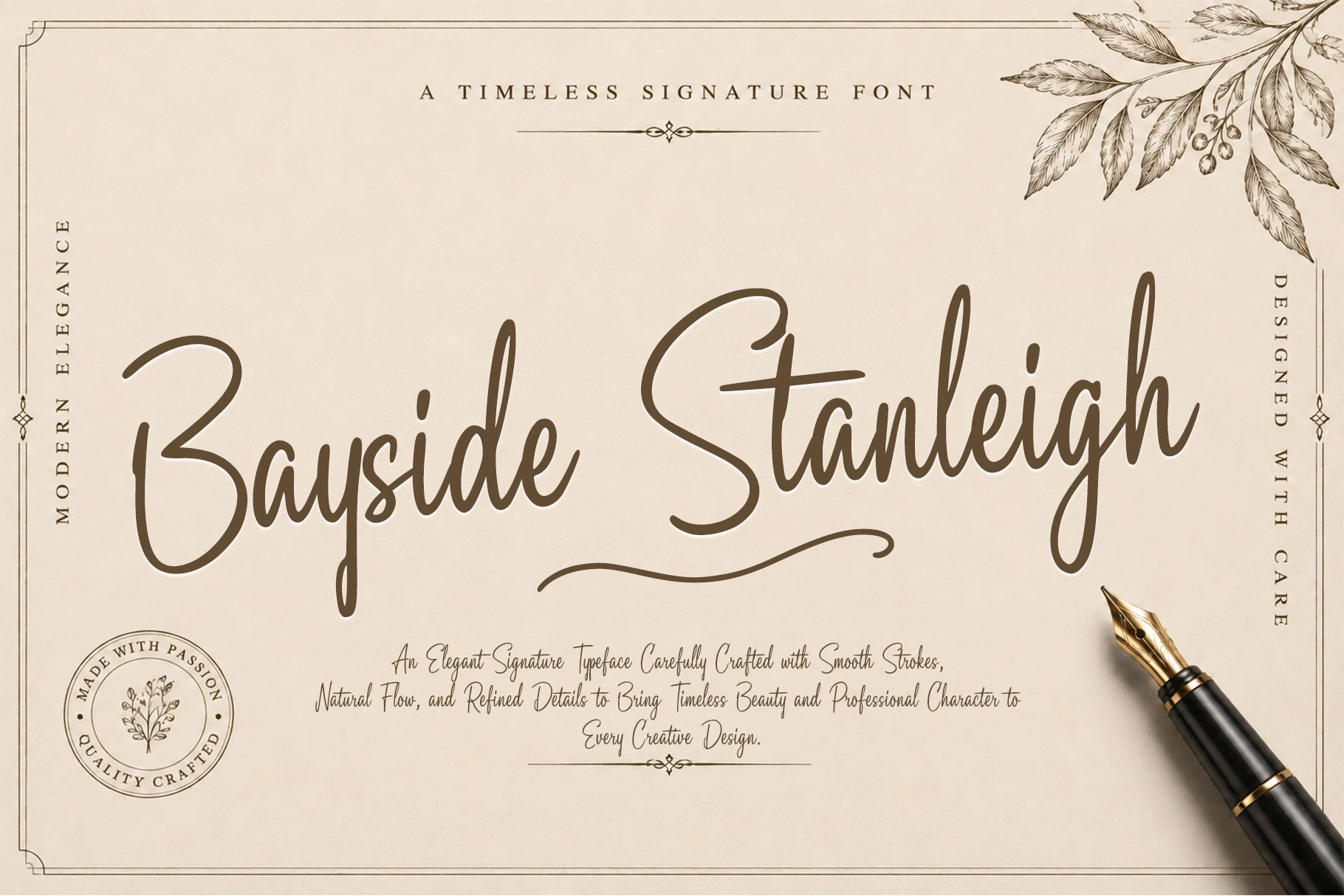 Bayside Stanleigh Font displayed as connected, right-leaning cursive lettering with flowing strokes and decorative swashes.