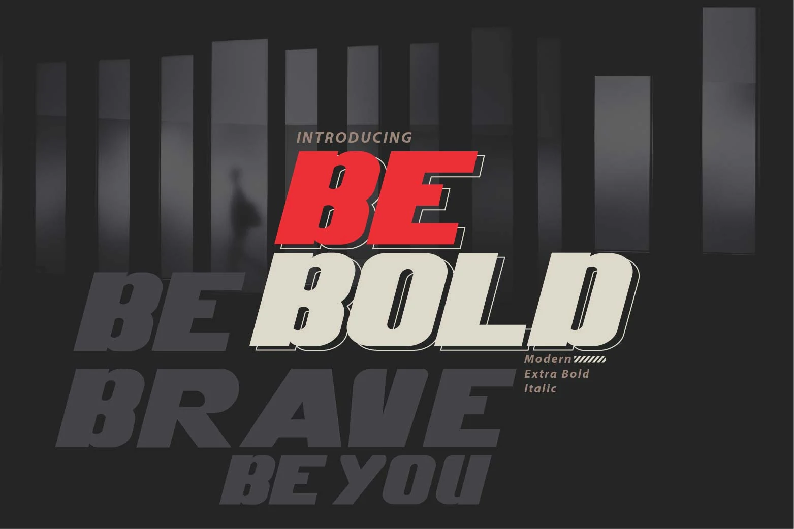 Be Bold Font shown as an extra-bold geometric italic with sharp angles and offset drop shadows.