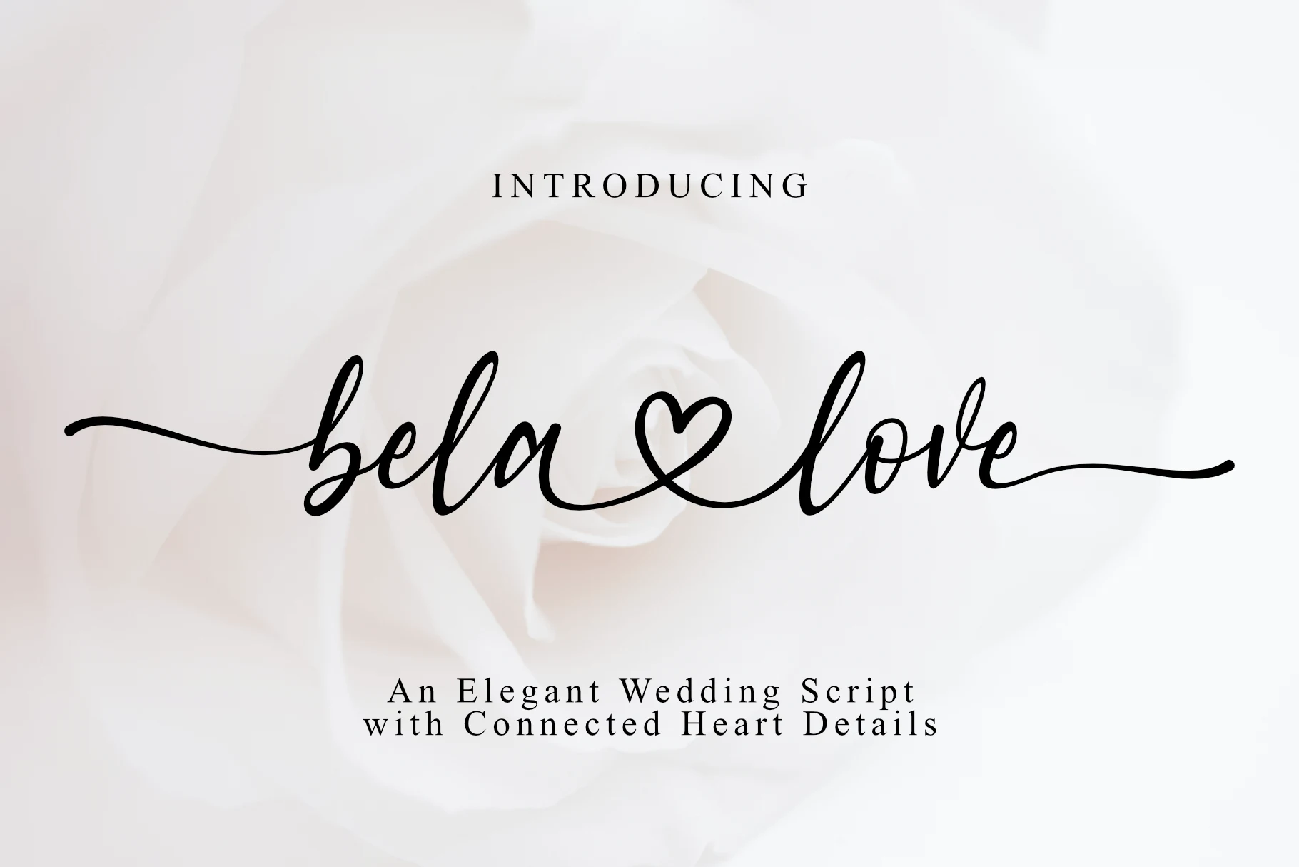 Bela Love Font is a fluid monoline script with connected letters, flowing swashes, and an integrated heart glyph.