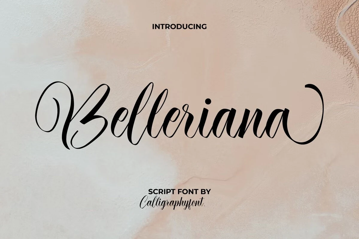 Belleriana Font shown in connected calligraphic script with high stroke contrast, rounded curves, and decorative swashes.