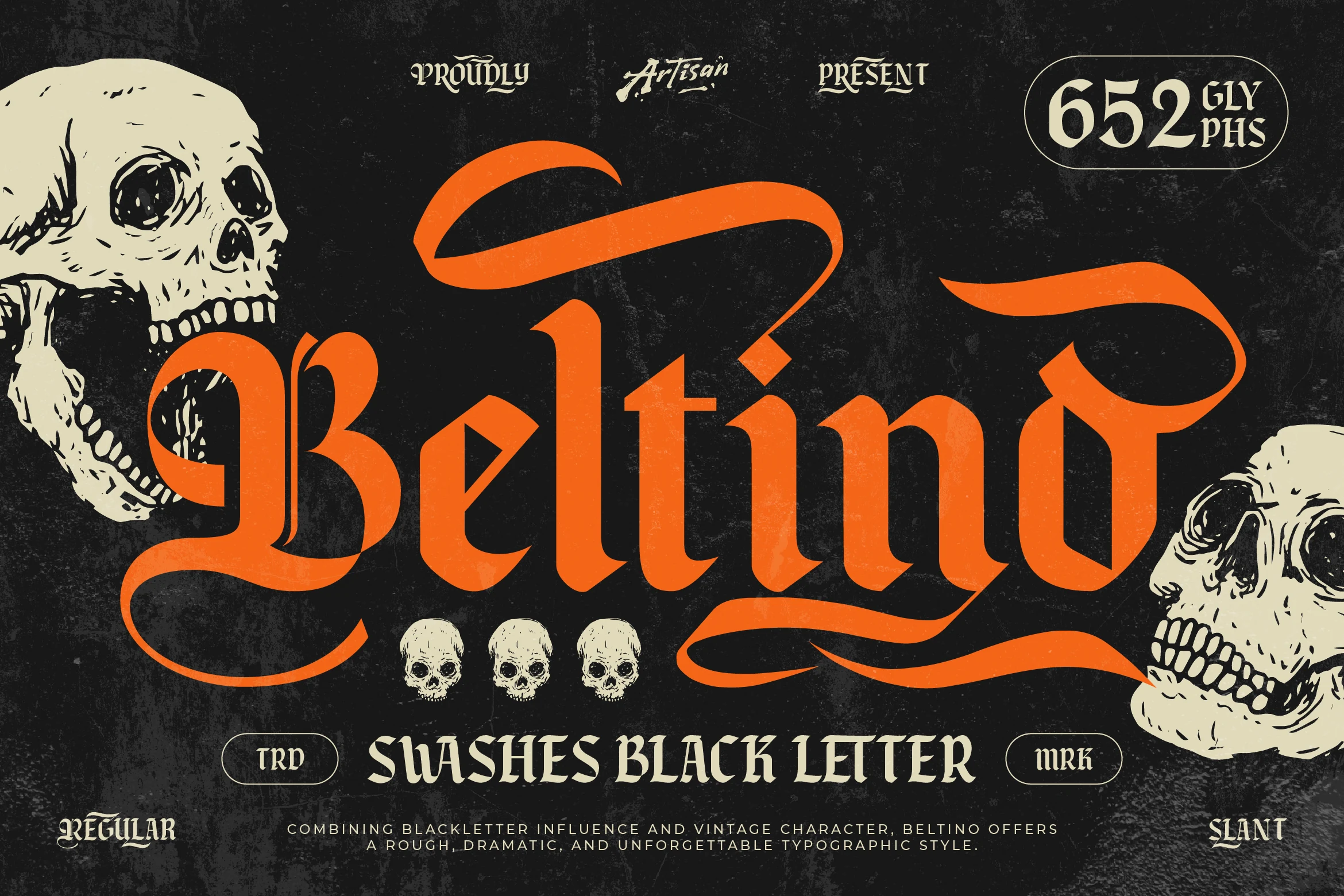 Beltino Font, a bold blackletter display typeface with sharp angular strokes and ornate calligraphic swashes.