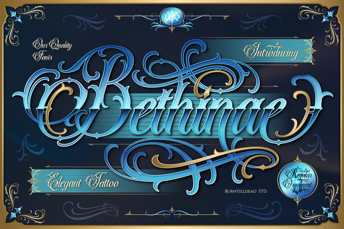 Bethinae Font featuring ornate connected script lettering with high-contrast strokes and elaborate flourishes.