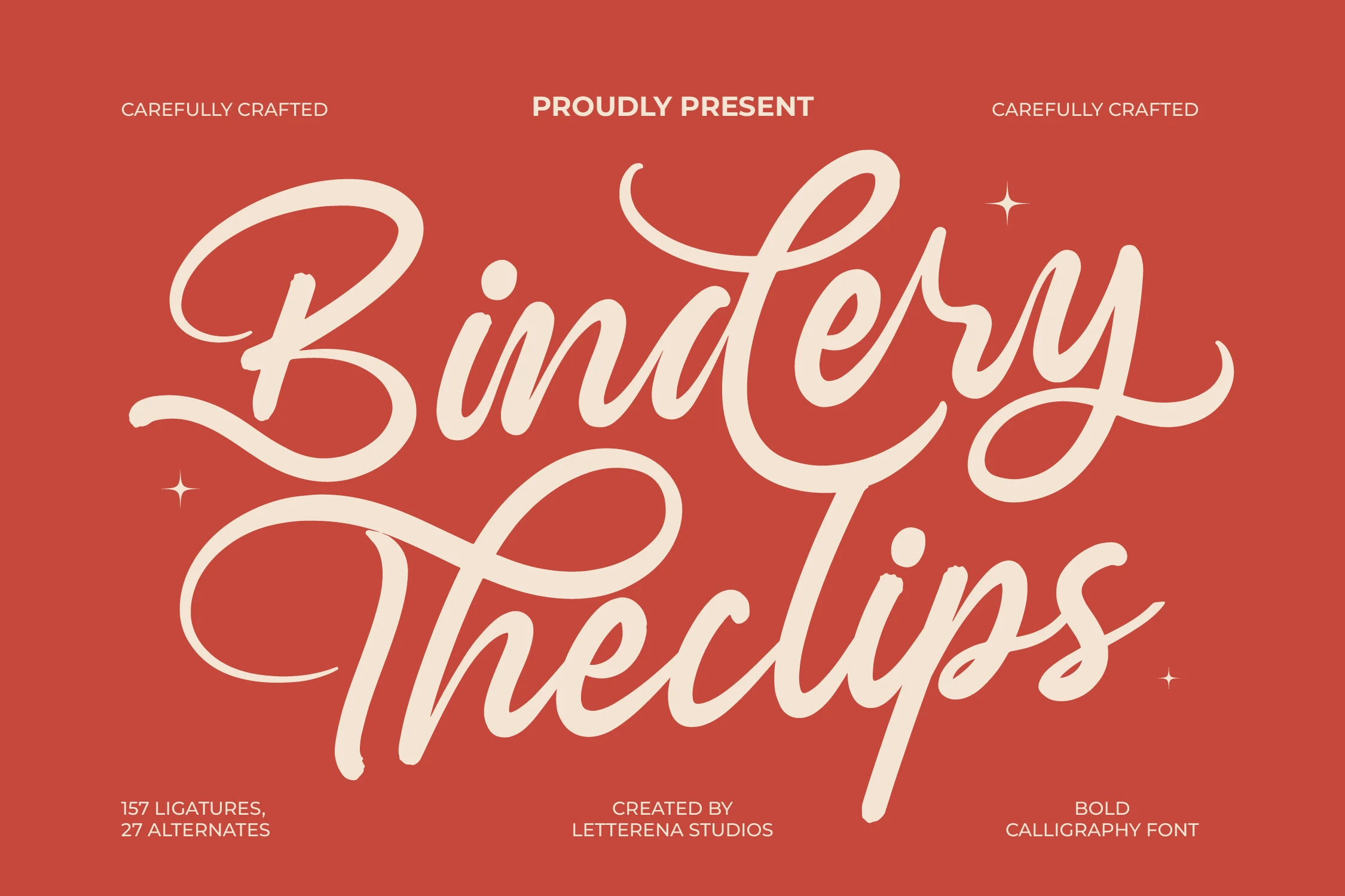 Bindery Theclips Font is a bold connected script with high stroke contrast, dramatic loops, and decorative flourishes.