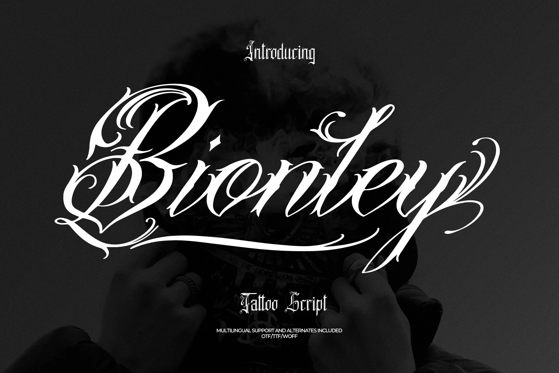 Bionley Font shown as a heavy connected script with high-contrast strokes, pointed terminals, and sweeping ornamental swashes.