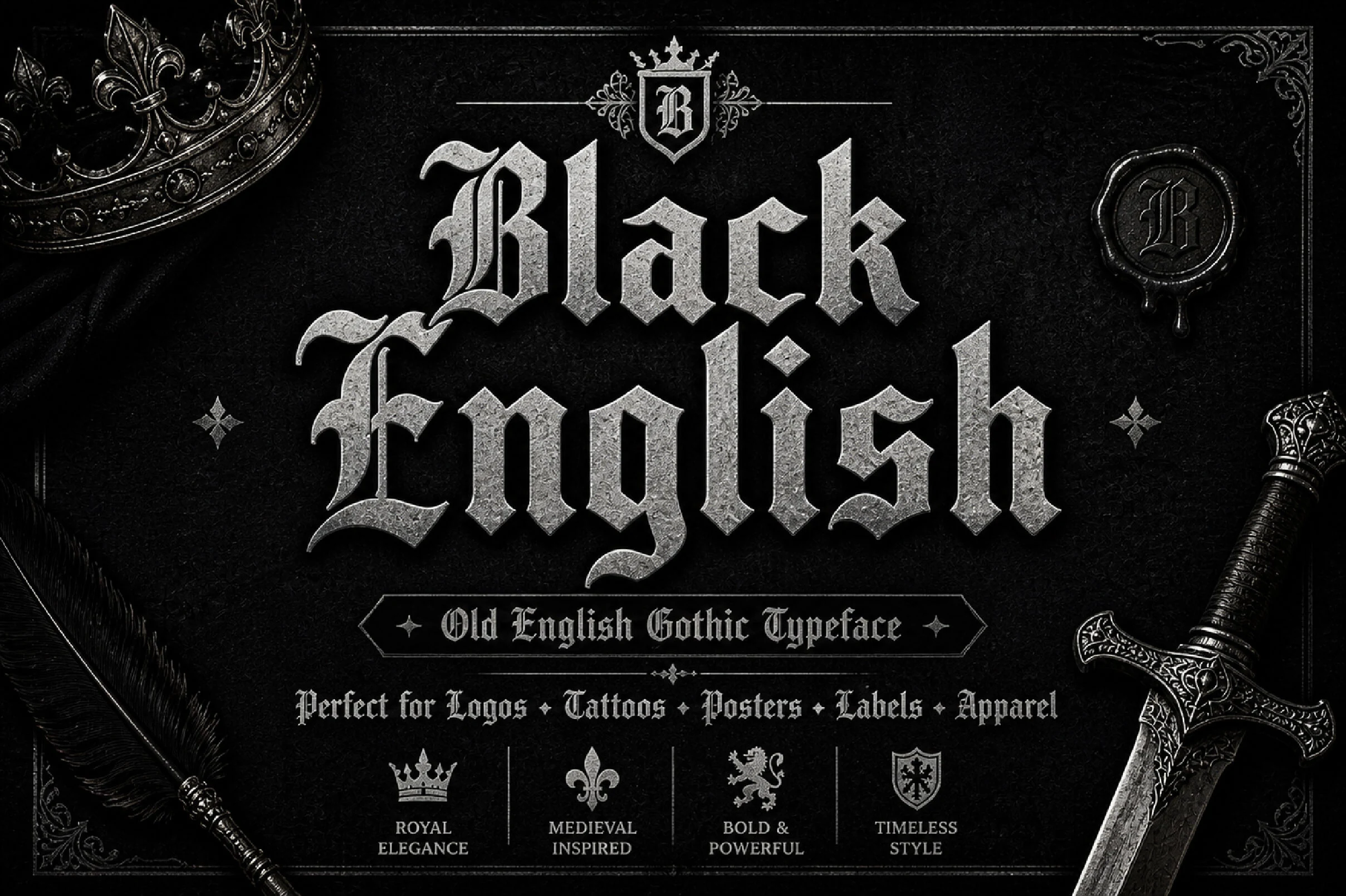 Black English Font featuring Pointed, angular terminals and Vertical, condensed proportions