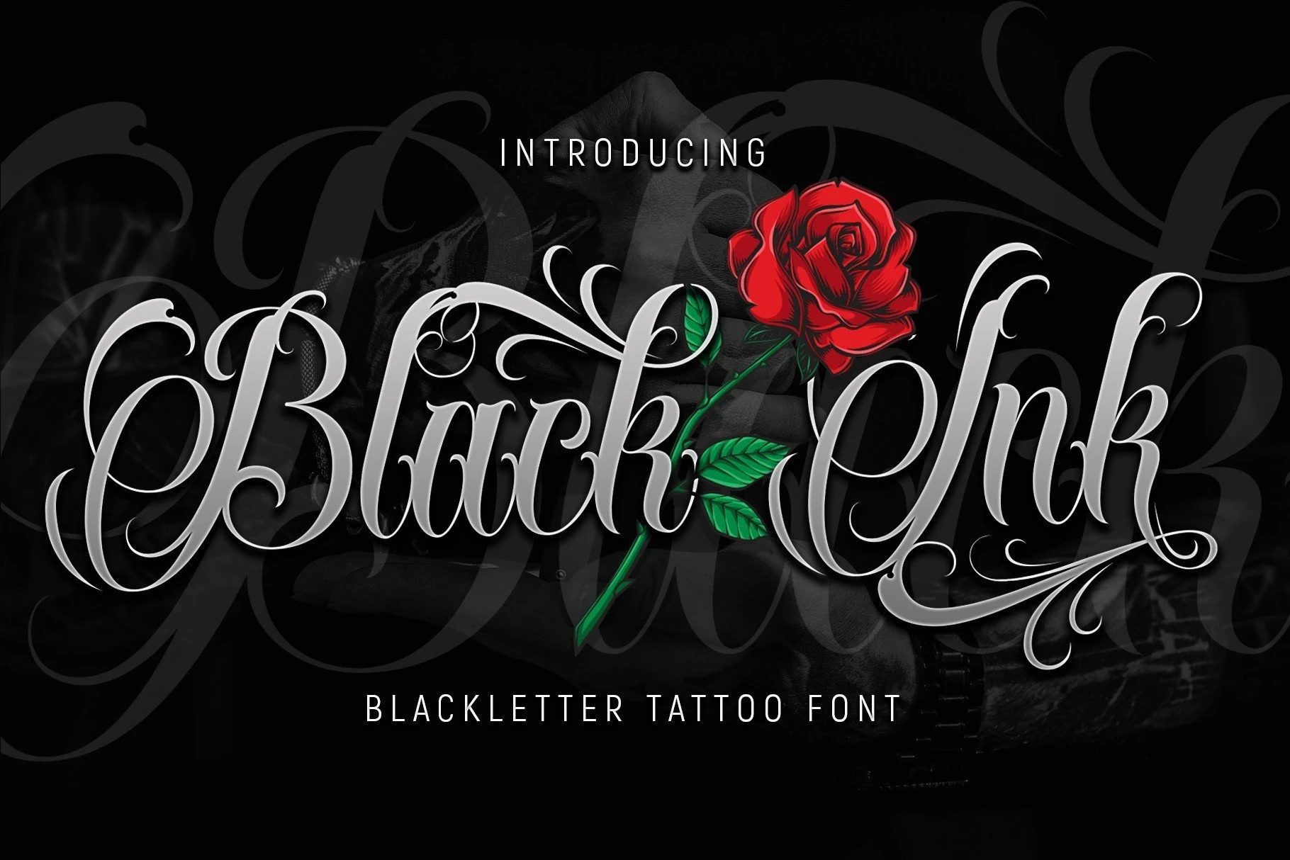 Black Ink Font shown as a decorative calligraphic script with ornate flourishes, high-contrast strokes, and sharp terminals.