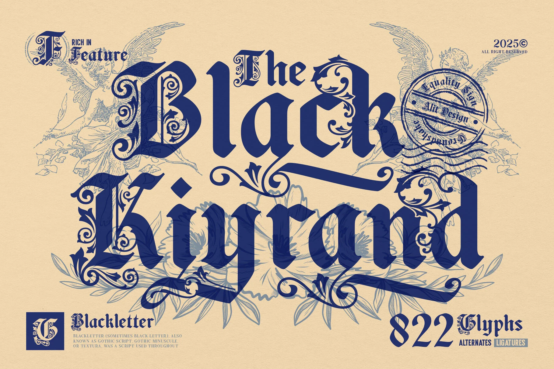 Black Kiyrand Font is an ornate blackletter display font with dense calligraphic letterforms, sharp angles, and elaborate decorative flourishes.