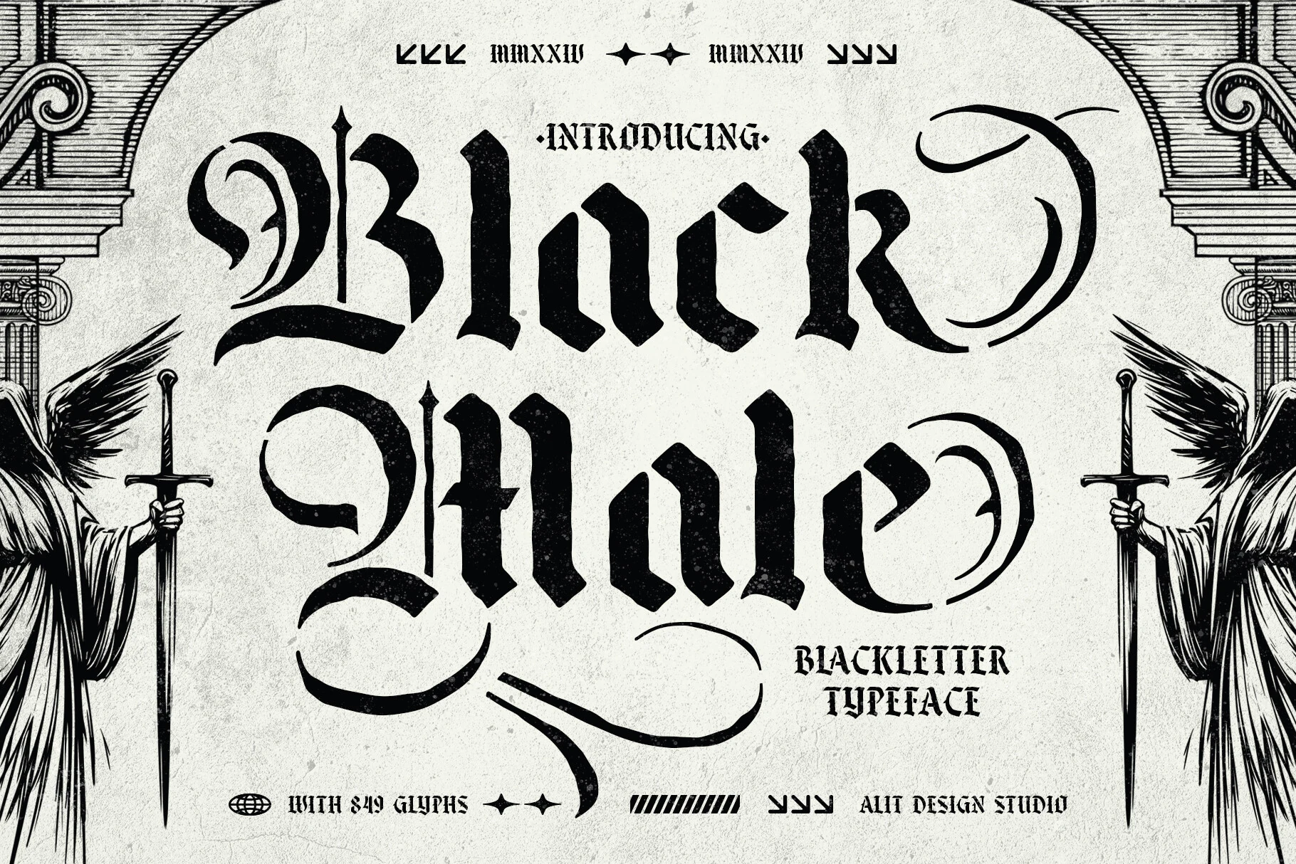 Black Male Font features sharp angular strokes, high-contrast letterforms, and ornamental swashes.