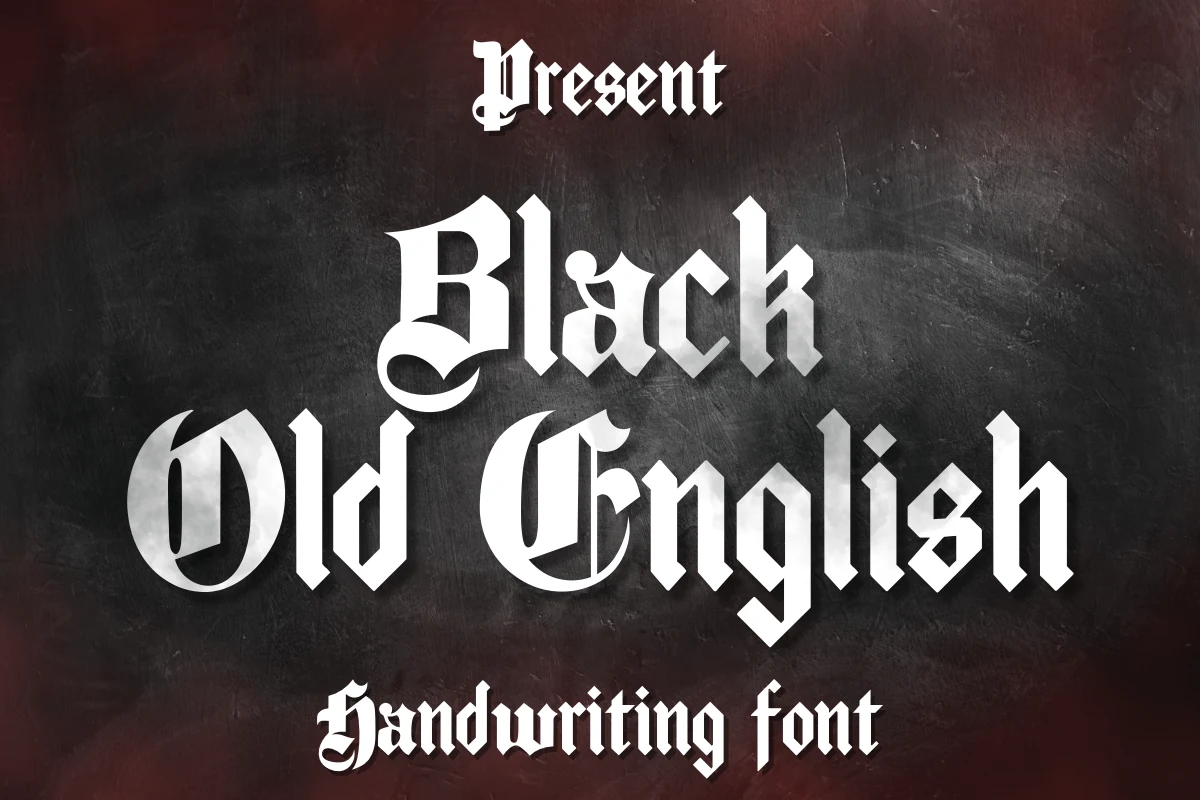 Black Old English Font sample in angular Gothic lettering with heavy vertical strokes and sharp terminals.