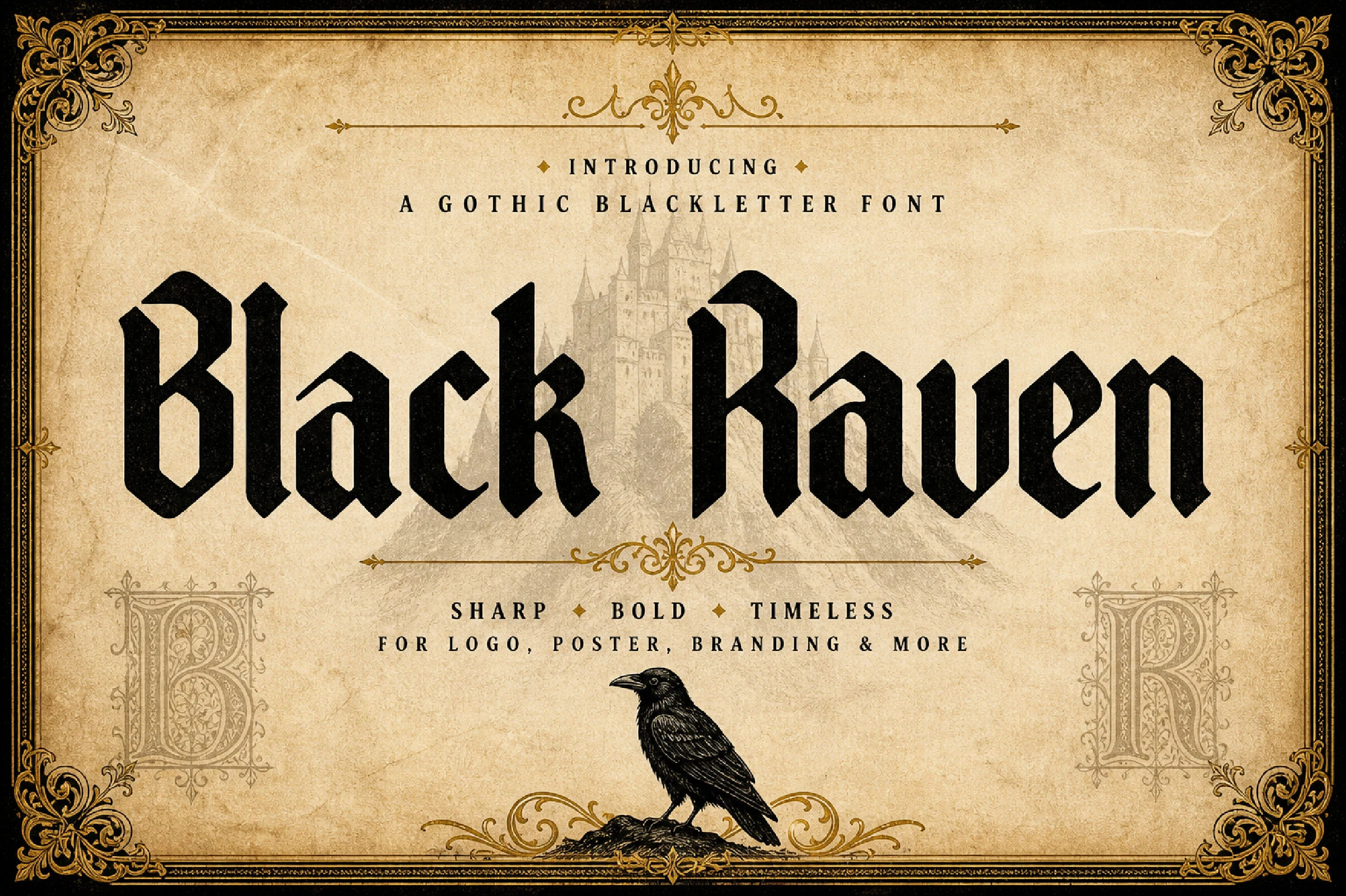 Black Raven Font displayed in a sharp angular blackletter style with rigid vertical strokes and narrow proportions.