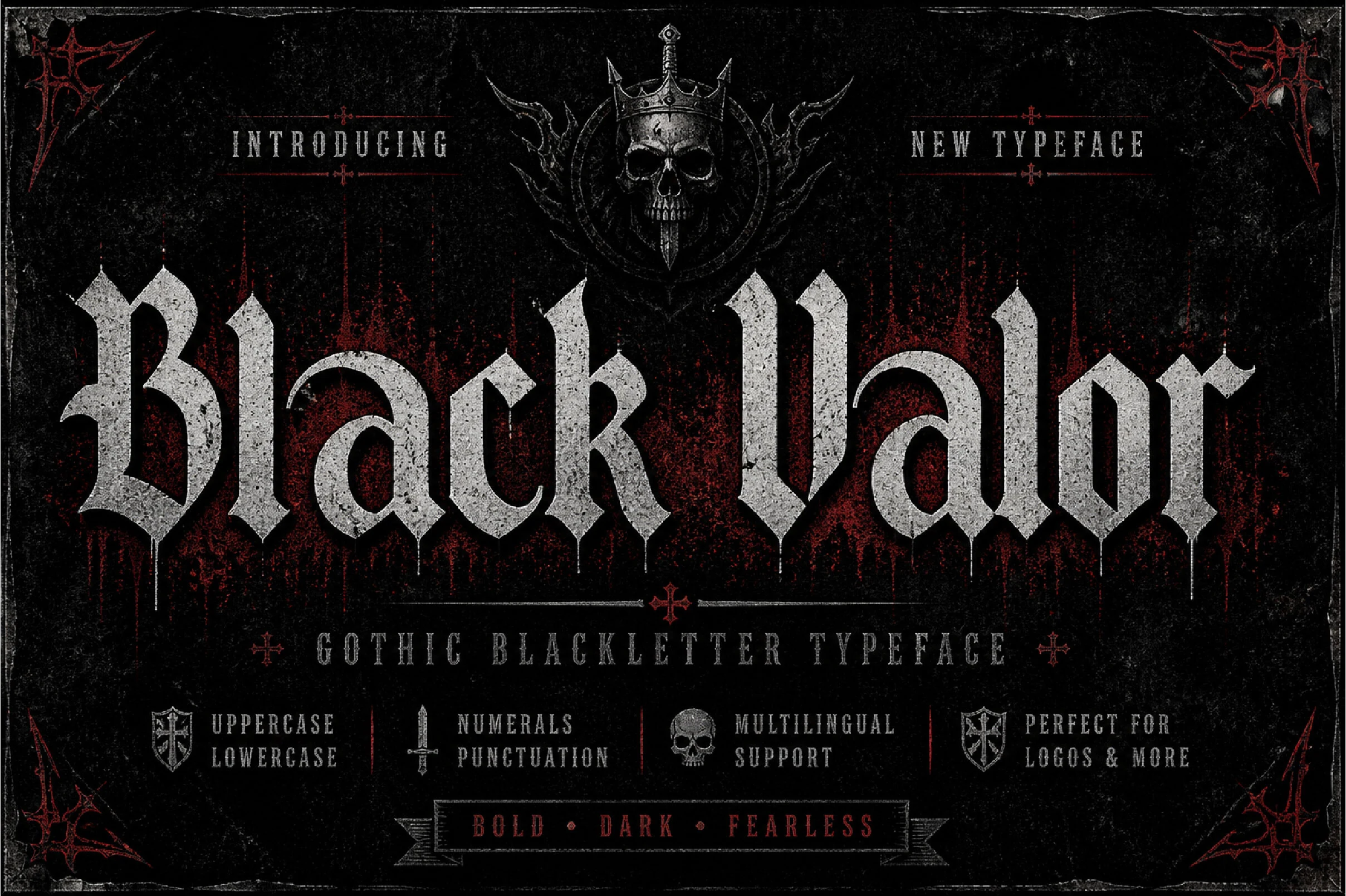 Black Valor Font is a heavy Gothic blackletter typeface with sharp angular strokes, high contrast, and diamond-shaped terminals.