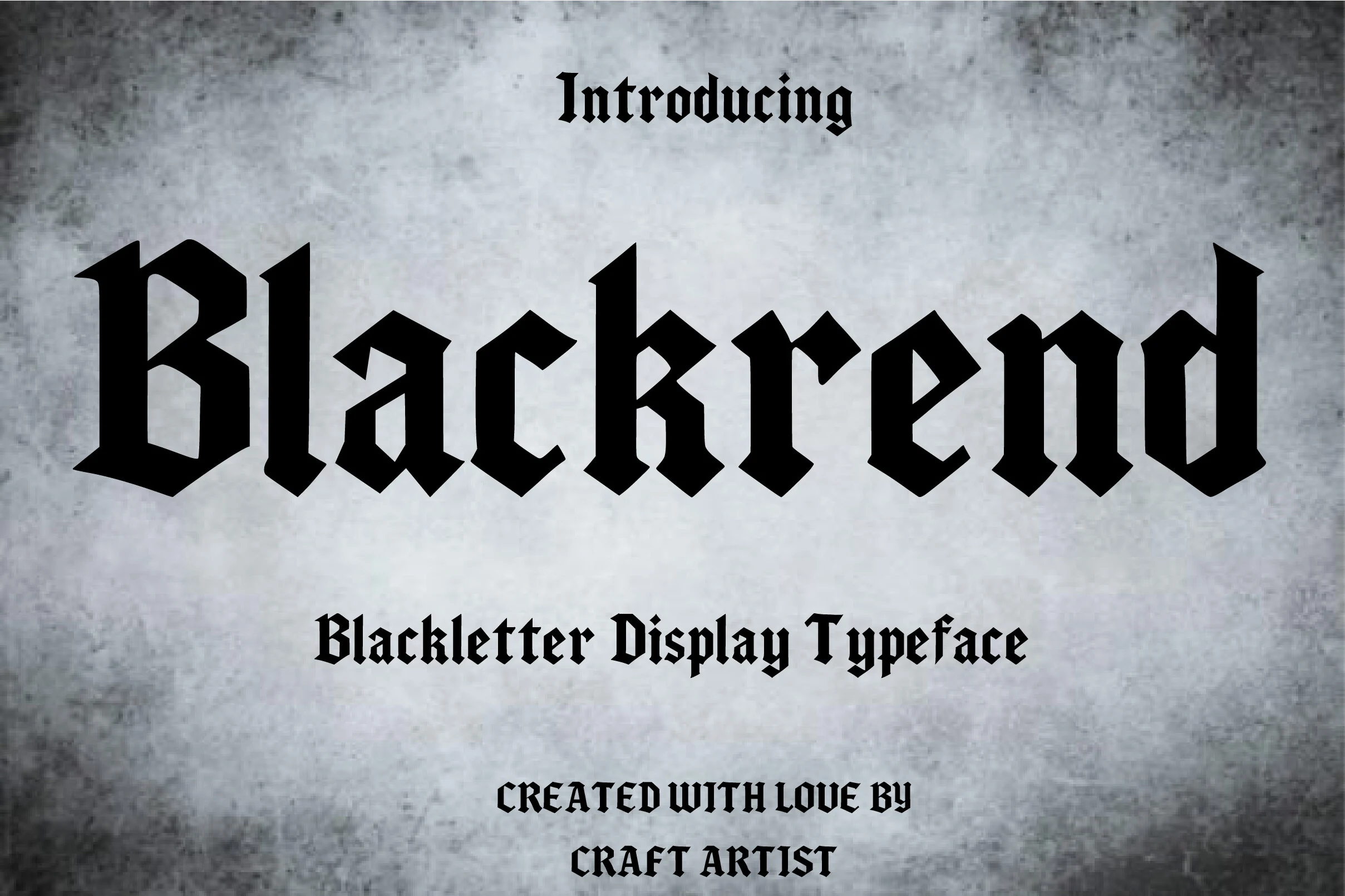 Blackrend Font is a heavy blackletter typeface with angular construction, sharp diamond-shaped terminals, and rigid upright forms.