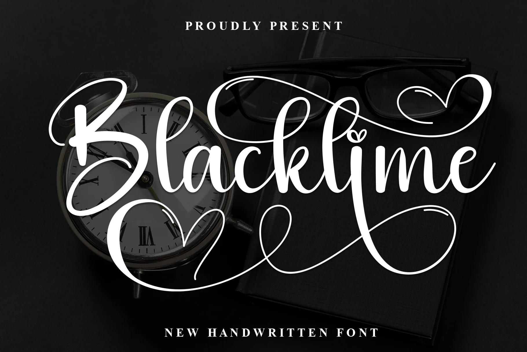 Blacktime Font displays connected, high-contrast calligraphic lettering with sweeping swashes and decorative loops.