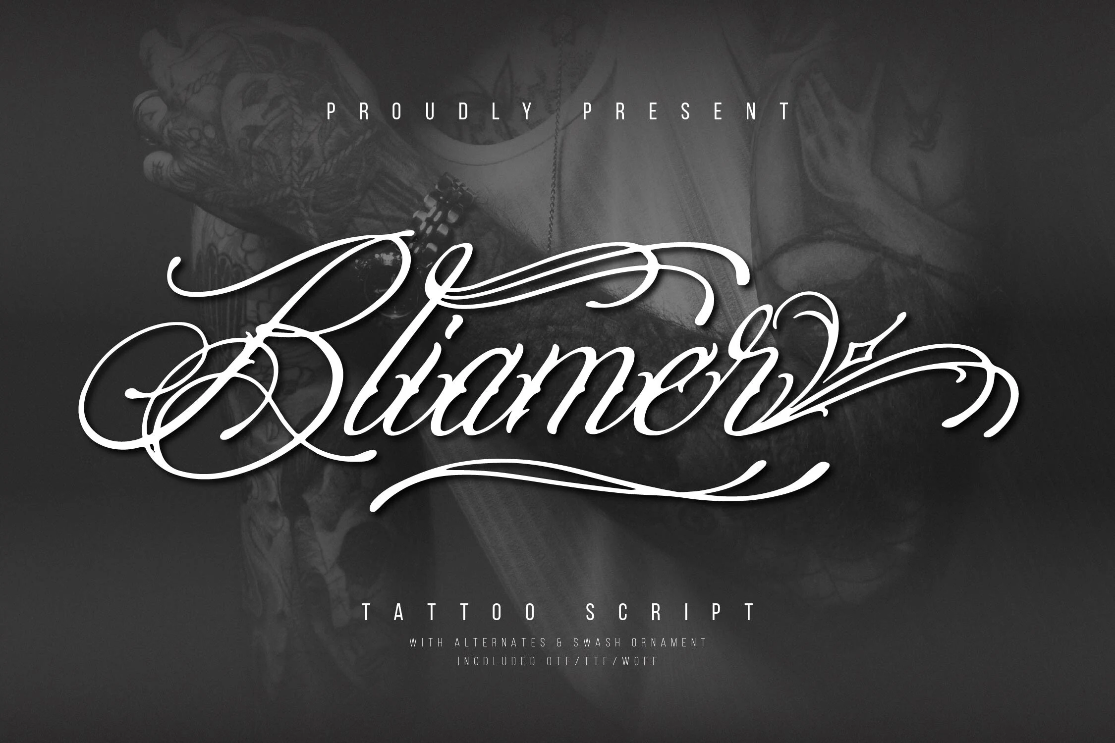 Blaimer Font shown as a highly decorative connected script with strong stroke contrast, rightward slant, and long sweeping flourishes.