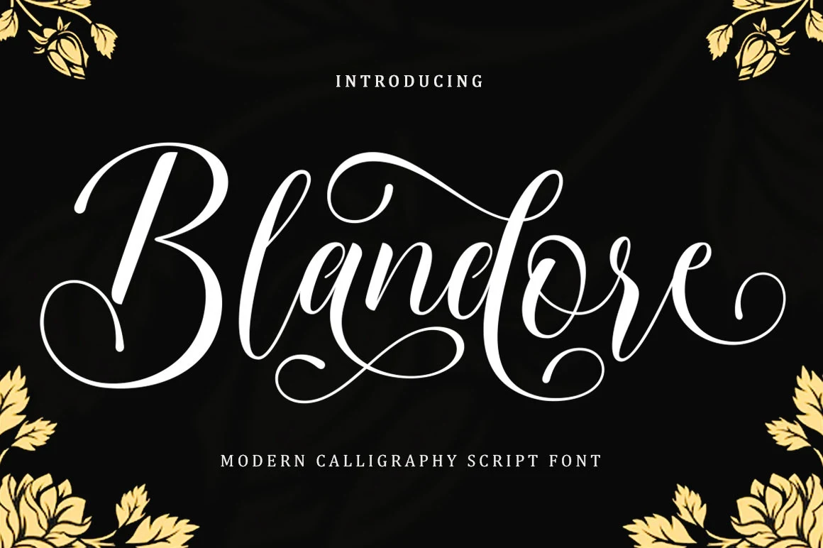 Blandore Font shown in a flowing connected script with high stroke contrast and elaborate flourishes.