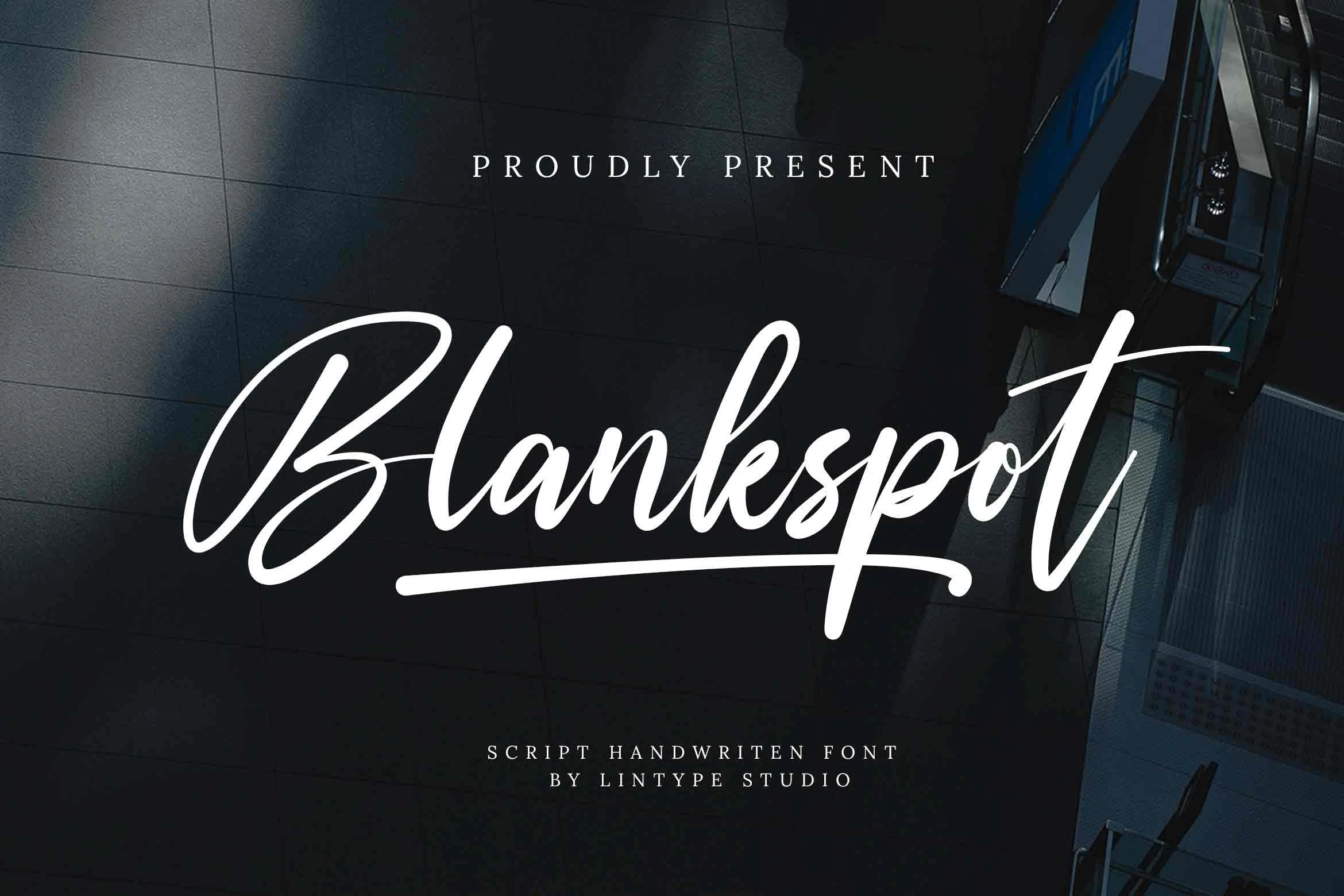 Blankspot Font displayed in connected cursive lettering with a pronounced rightward slant and long decorative swashes.