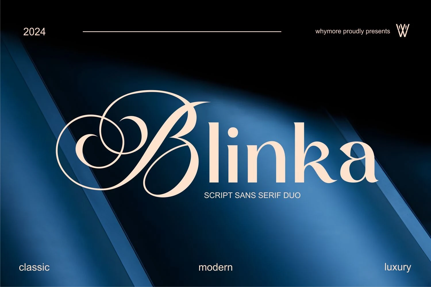 Blinka Font preview showing a decorative script capital B with sweeping swashes followed by clean sans-serif letters.