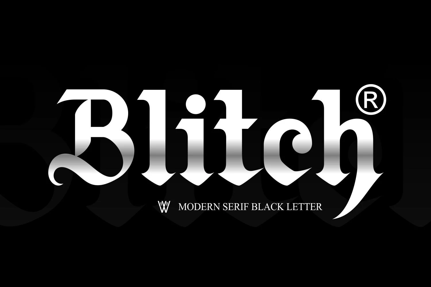 Blitch Font displayed in a sharp, high-contrast blackletter style with angular serifs and vertical letterforms.