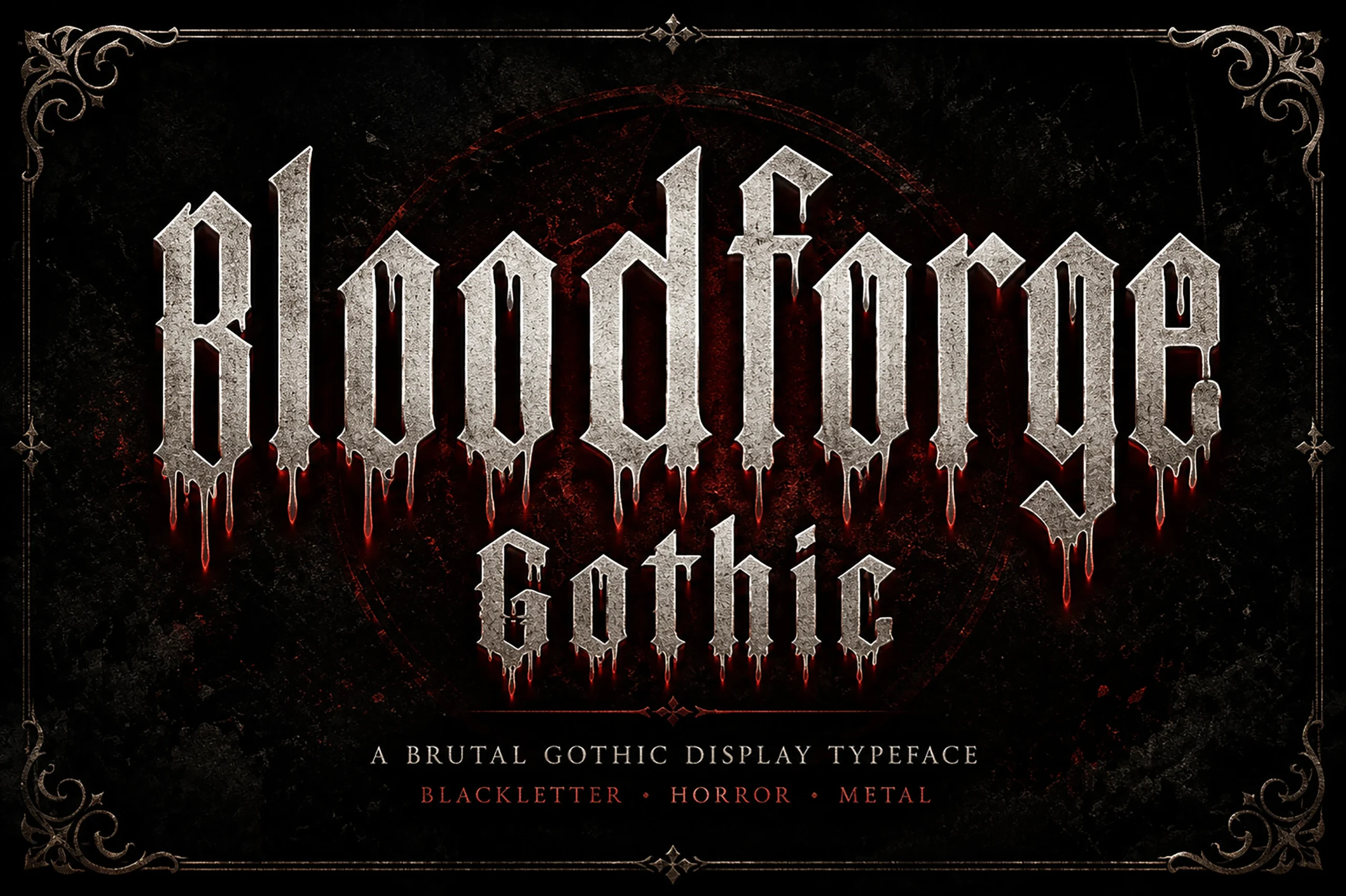 Bloodforge Gothic Font featuring Angular, spiked, and fractured terminals and Narrow vertical proportions