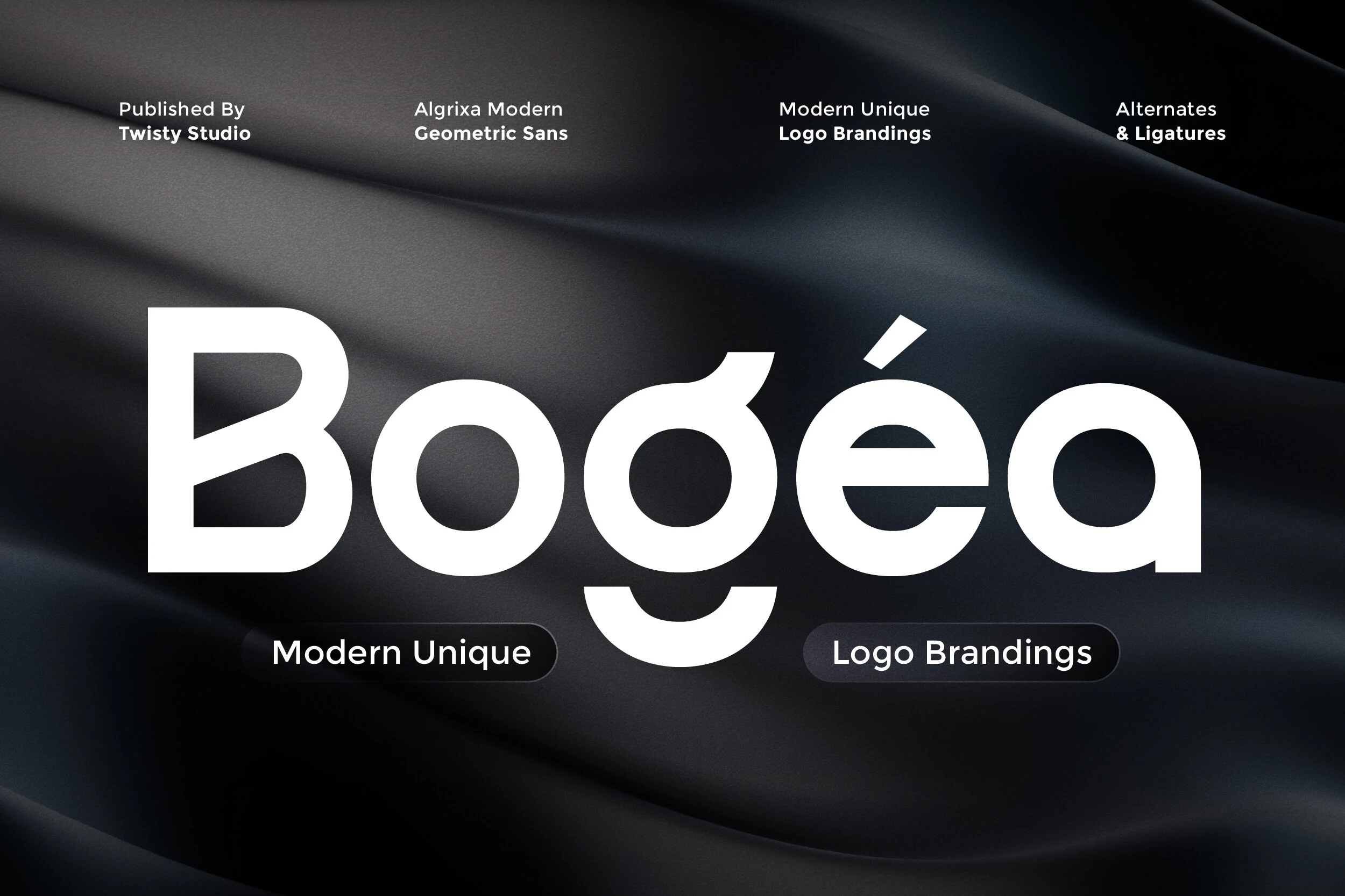Bogea Font displaying bold geometric sans-serif letterforms with circular forms and stylized apertures.