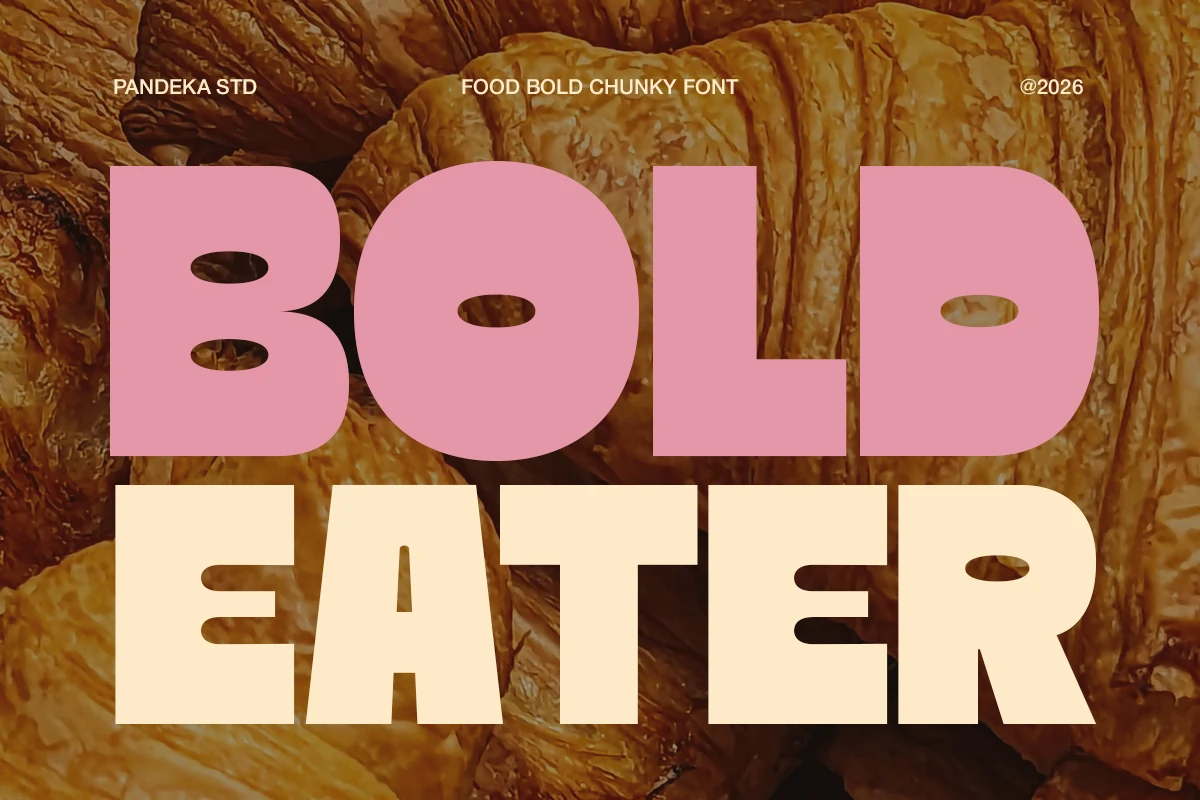Bold Eater Font preview showing wide, heavy sans-serif letters with rounded corners and compact counters.