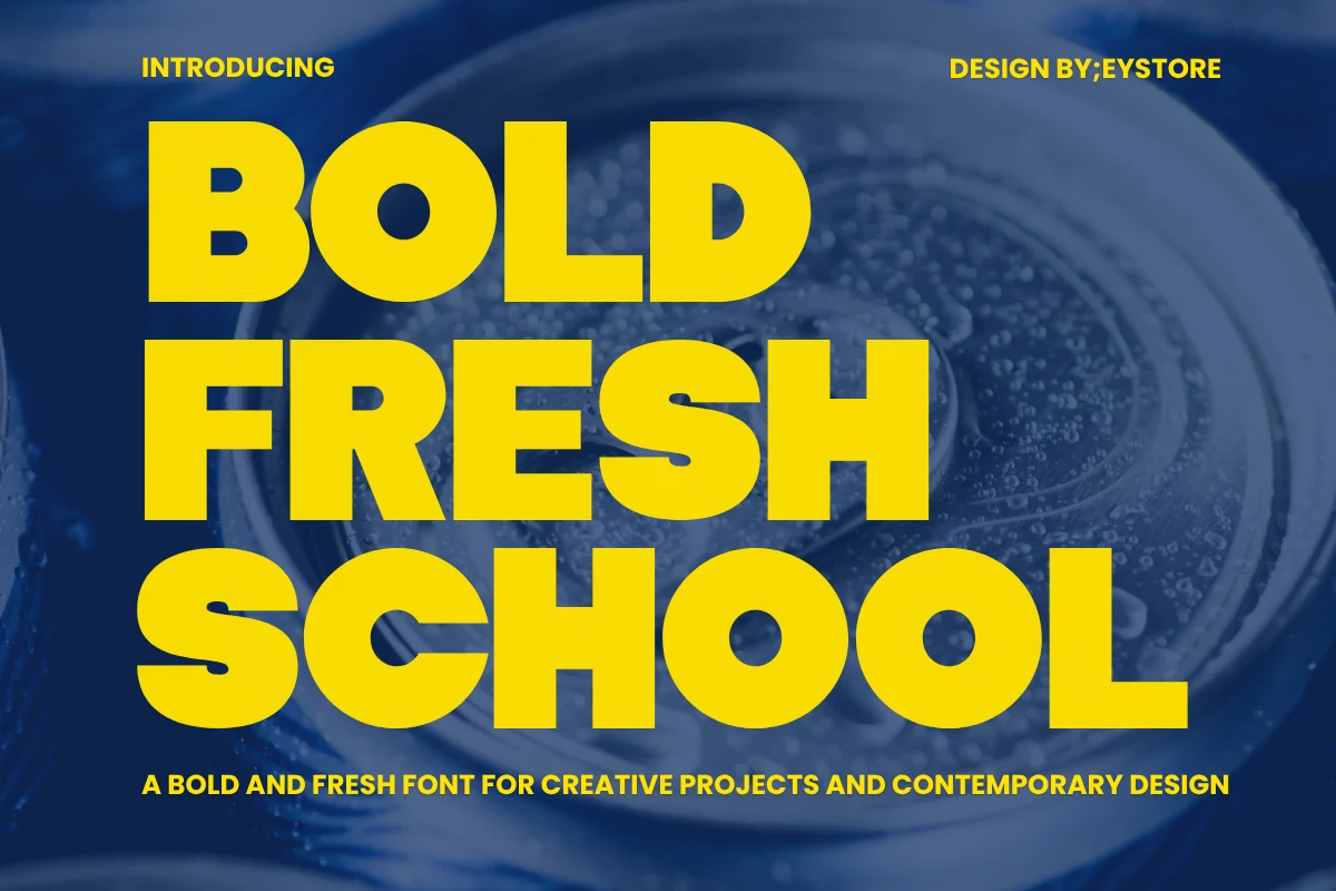 Bold Fresh School Font is a condensed, heavy-weight display sans serif with geometric letterforms, thick uniform strokes, and square-like terminals.