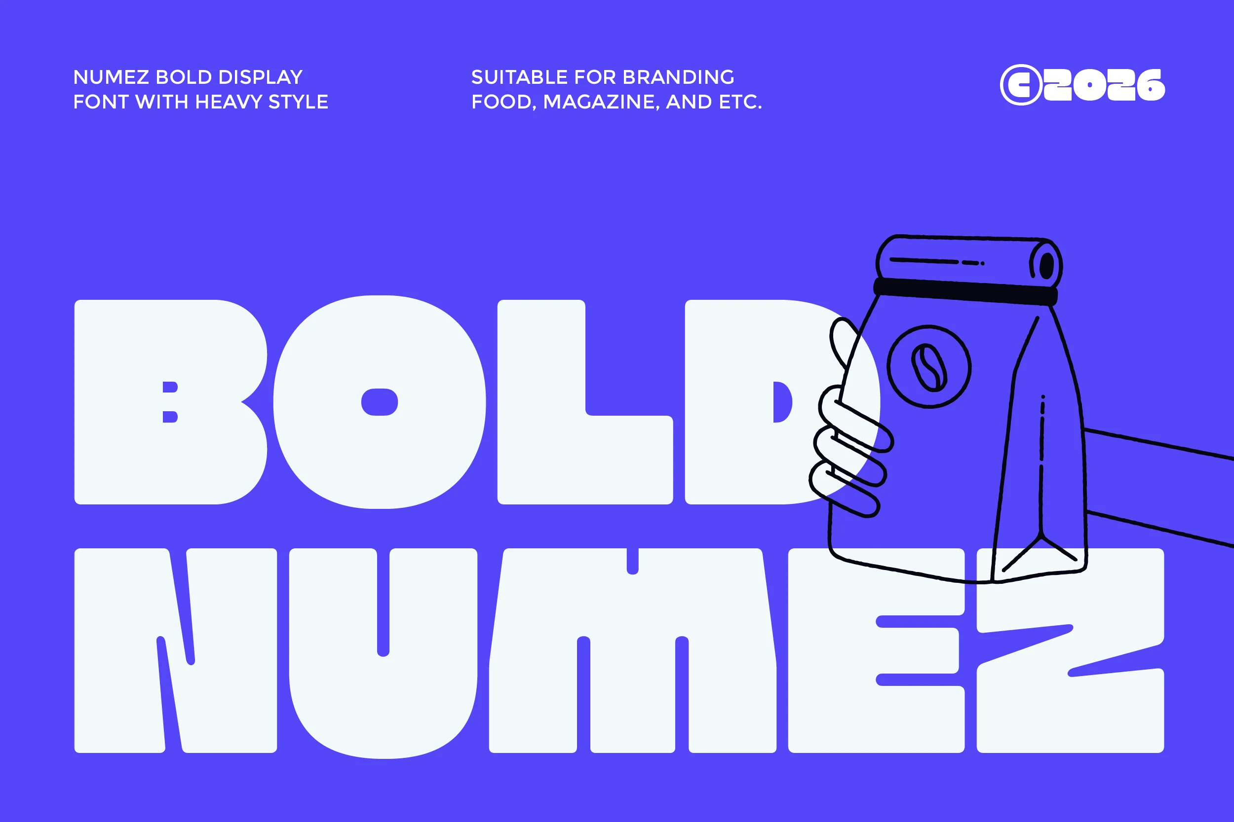 Bold Numez Font is a heavy geometric sans-serif with thick blocky letterforms, rounded outer corners, and tight spacing.