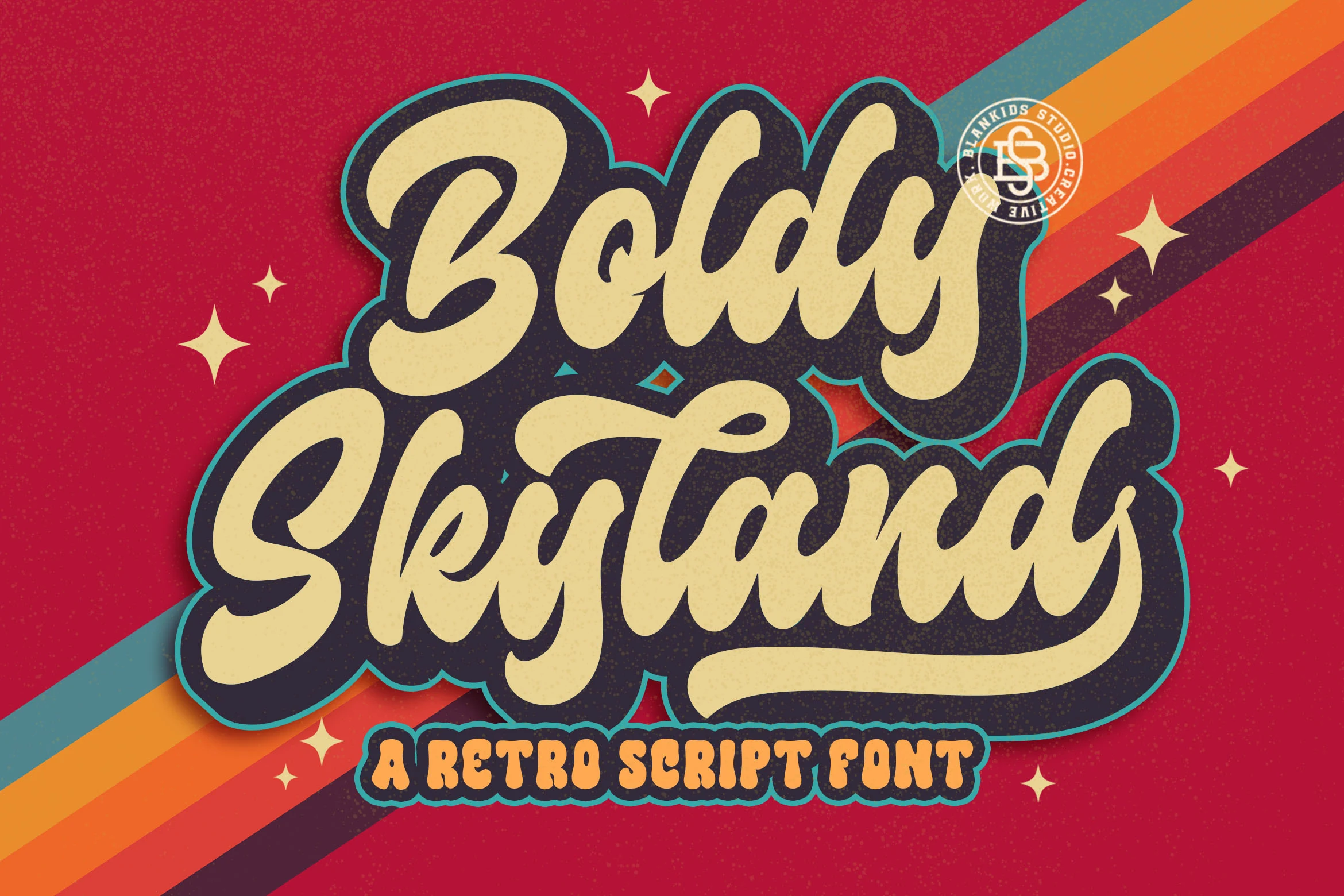 Boldy Skyline Font is a bold connected script with rounded terminals, a slight forward slant, and a distressed textured finish.