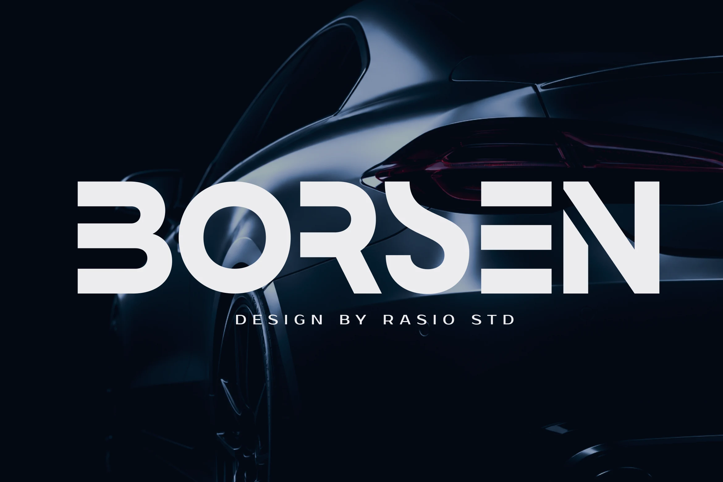 Borsen Font preview showing a bold, wide geometric sans serif with thick strokes, angular junctions, and horizontal cut-out notches.