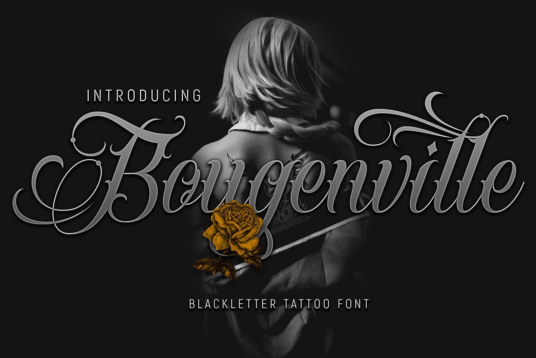 Bougenville Font in ornate calligraphic script with high-contrast strokes, sharp terminals, and sweeping flourishes.