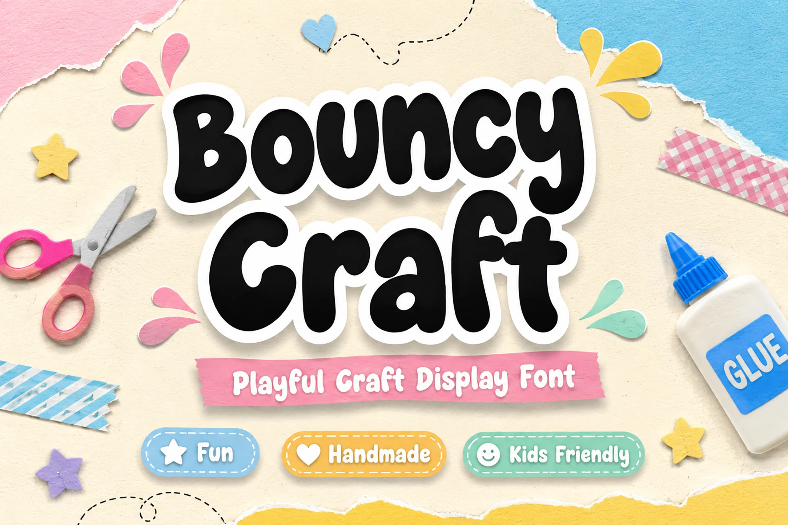 Bouncy Craft Font is a bold rounded display typeface with bulbous terminals, thick uniform strokes, and bouncy upright letterforms.