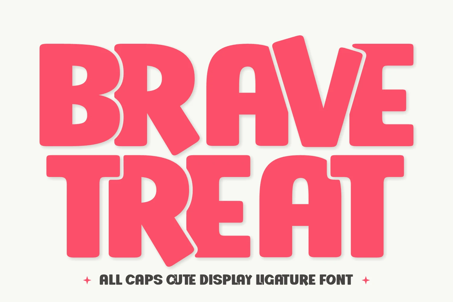 Brave Treat Font shown in bold all-caps block letters with tight spacing, overlapping ligatures, and slightly irregular character orientation.