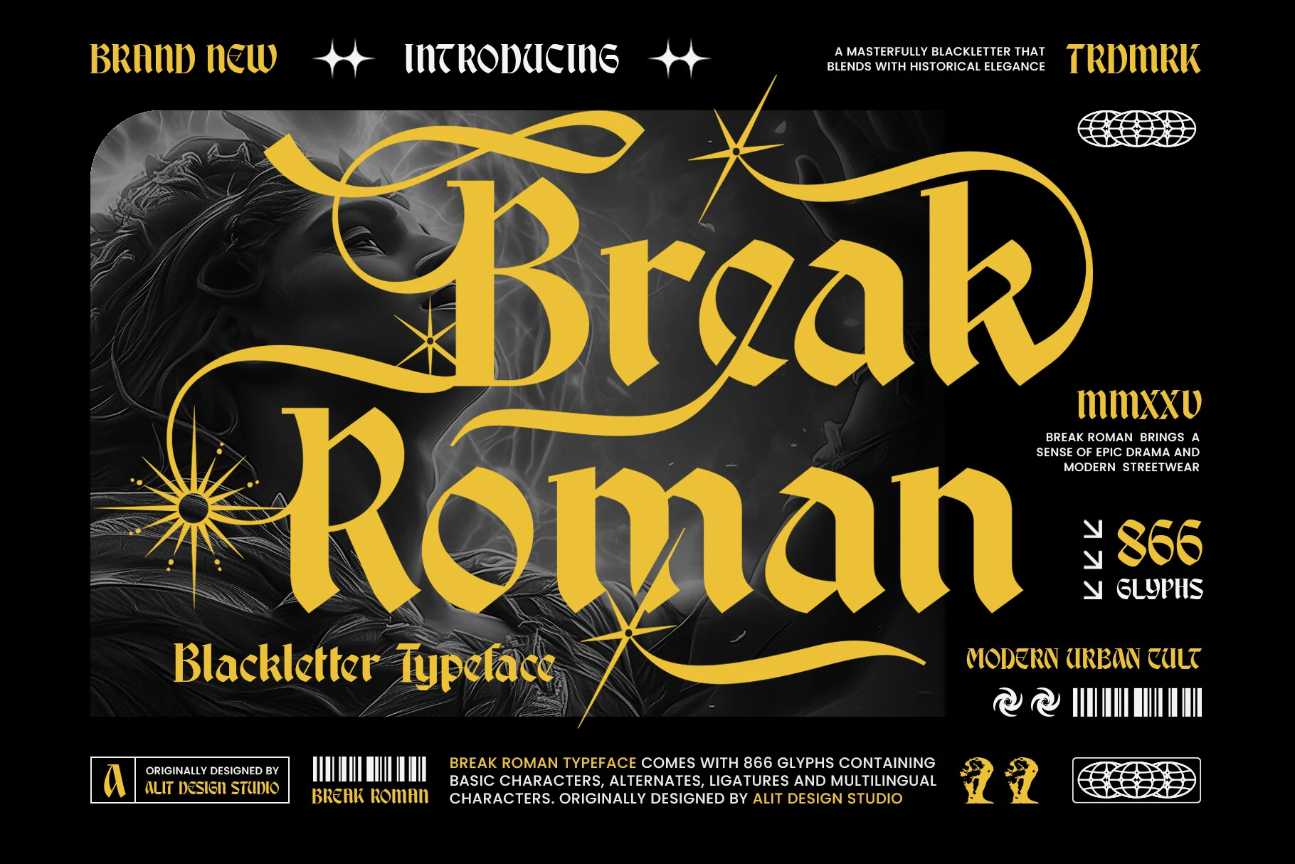 Break Roman Font is a blackletter display typeface with angular gothic letterforms, high stroke contrast, and sweeping uppercase swashes.