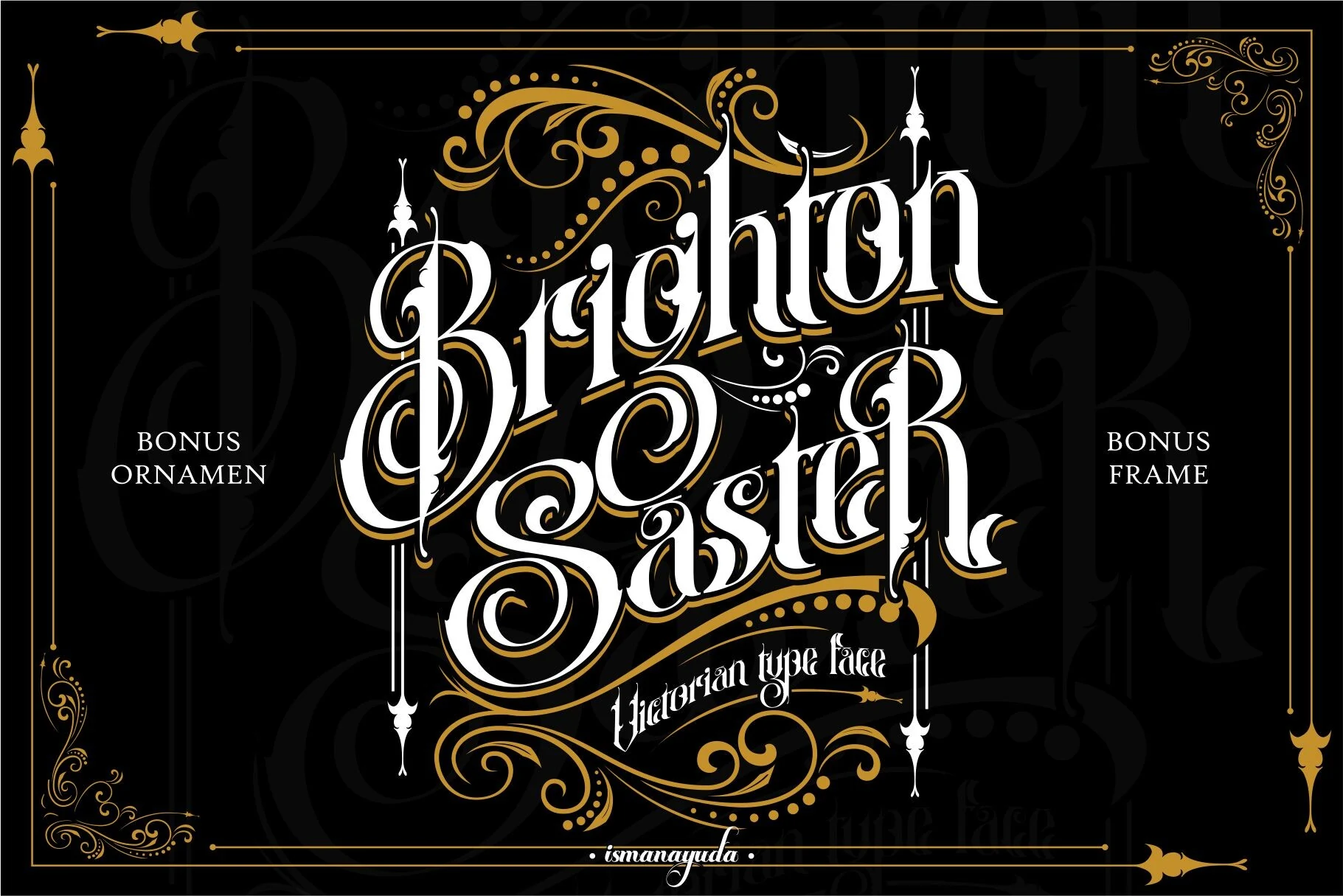 Brighton Saster Font is an ornate Victorian display typeface with high stroke contrast, calligraphic swashes, and pointed terminals.