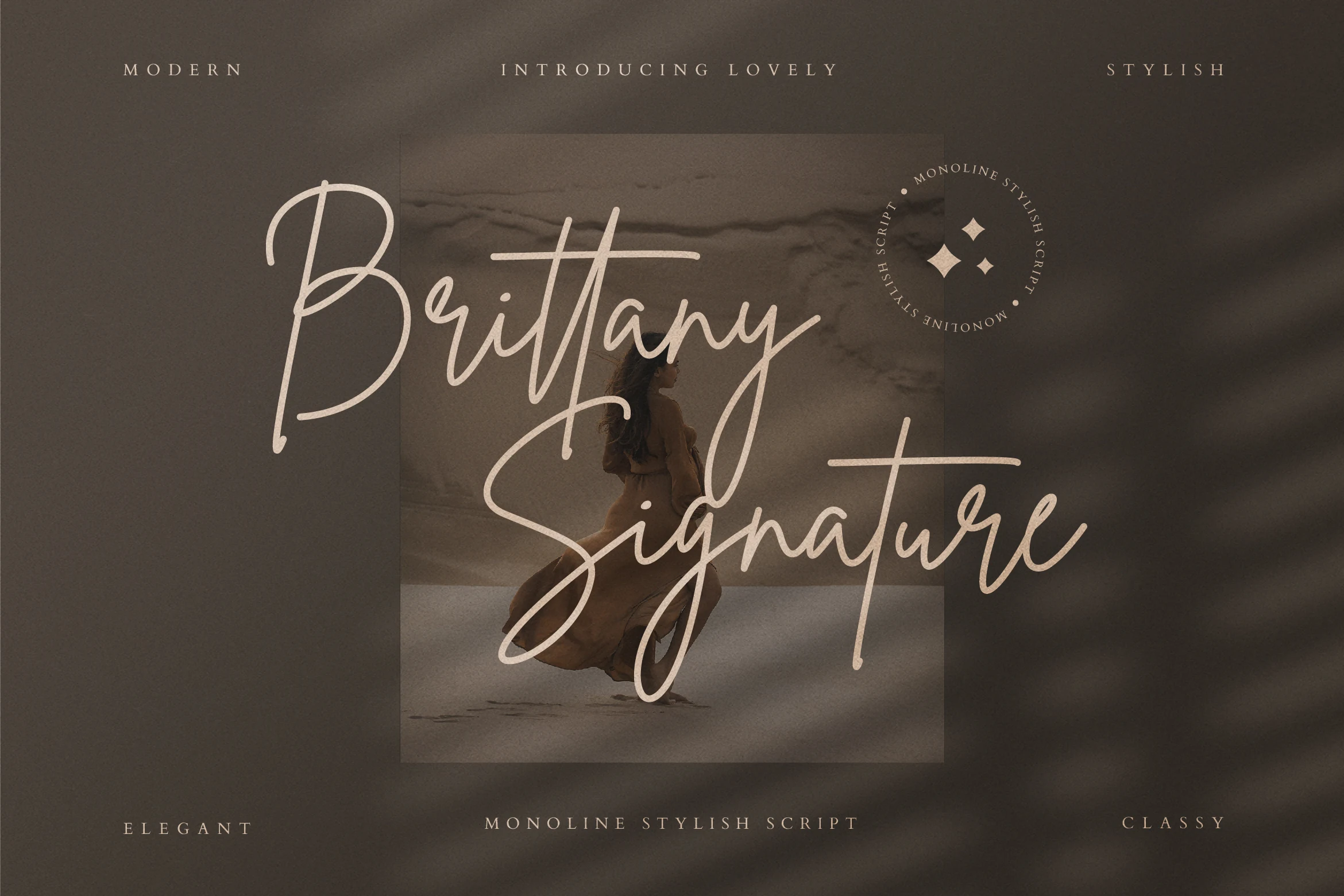 Brittany Signature Script Font showing flowing handwritten movement, connected letterforms, and refined slender strokes