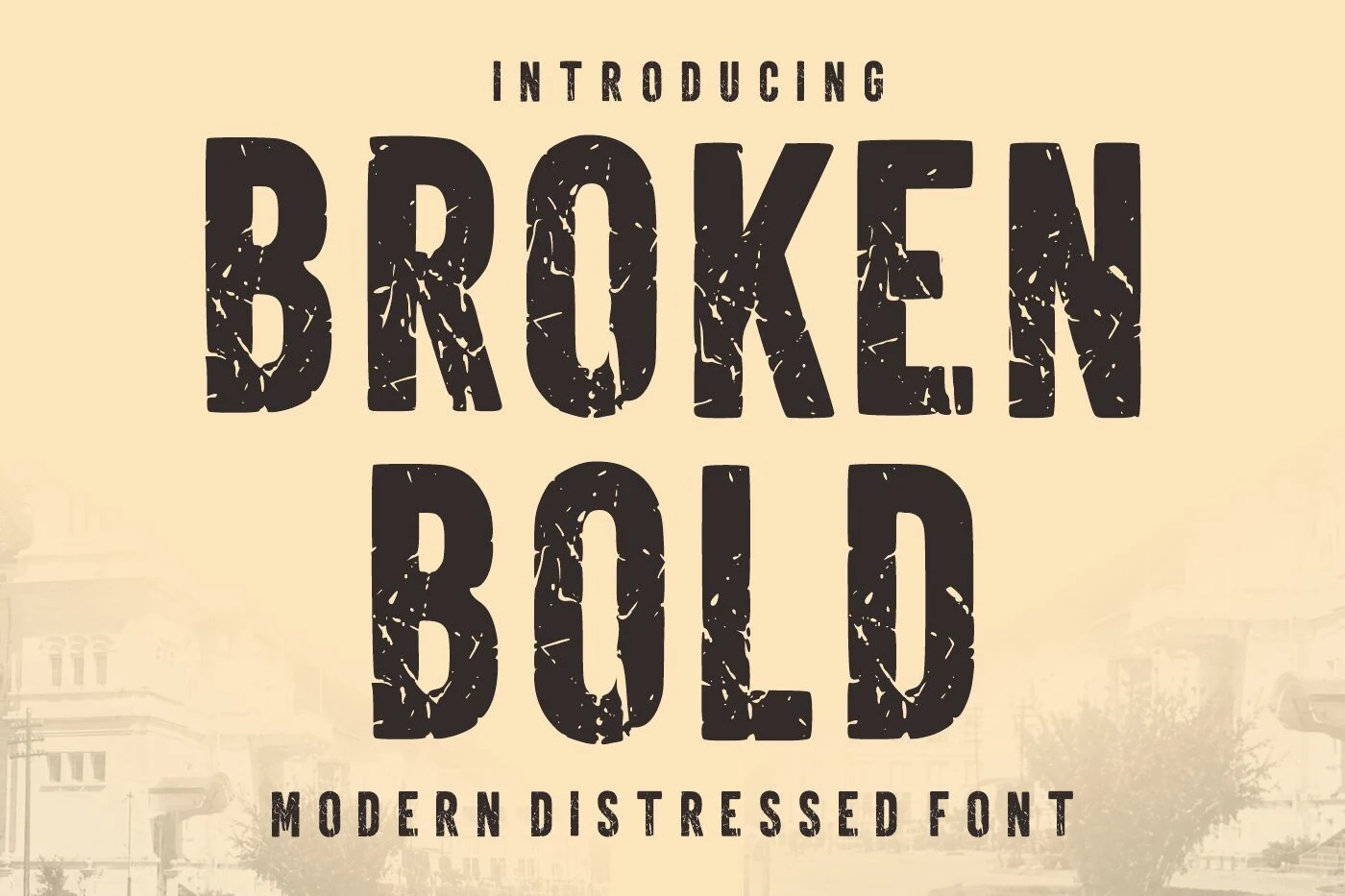 Broken Bold Font is a condensed, bold sans-serif with monolinear strokes and a heavily distressed, weathered texture.