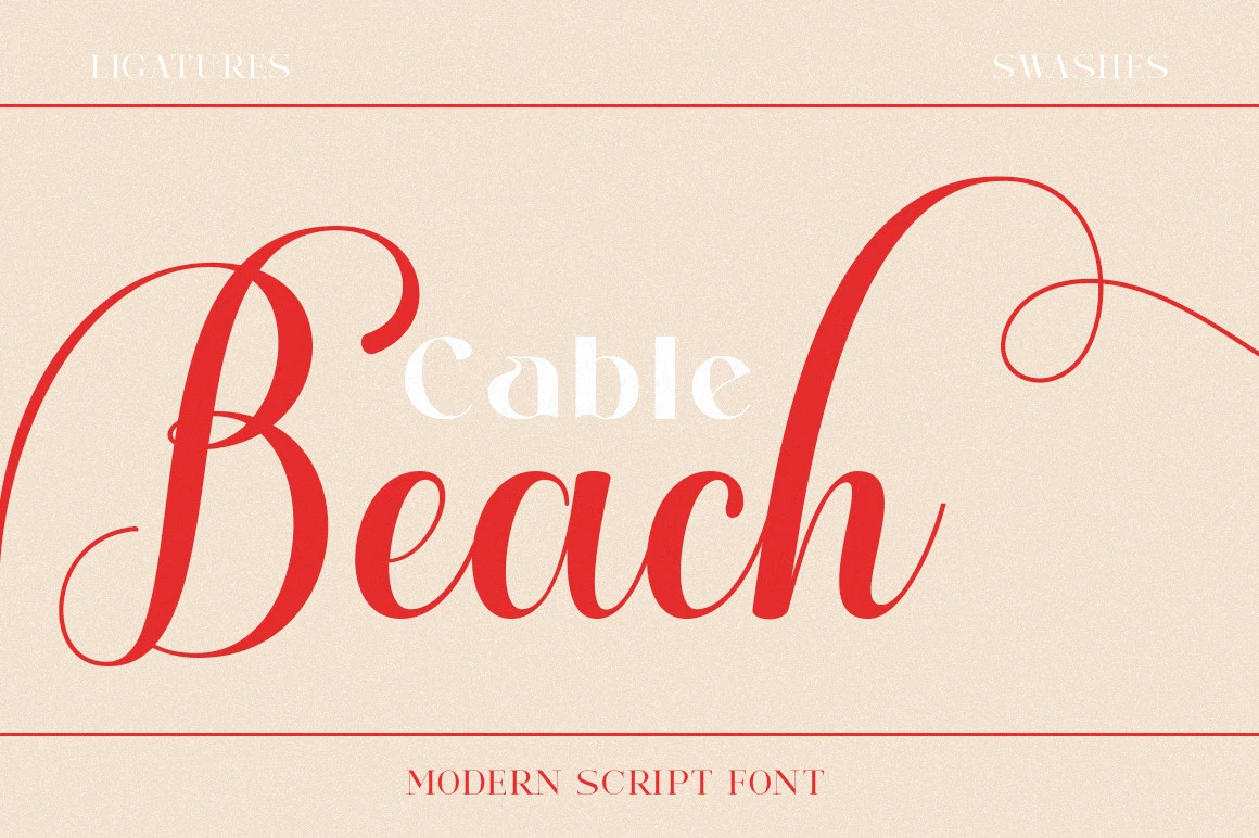 Cable Beach Font with connected high-contrast script characters, fluid curves, and decorative calligraphic swashes.