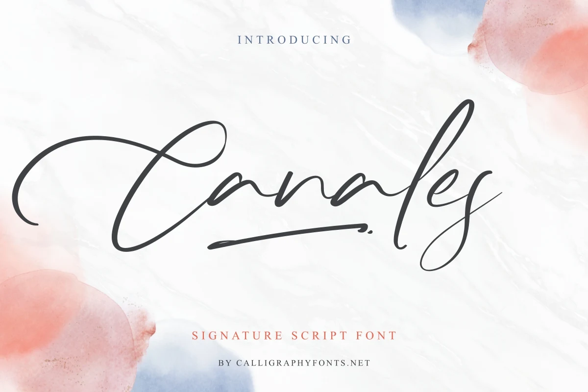 Canales Font is a fluid handwritten script with connected cursive letters, sweeping swashes, and a pronounced rightward slant.