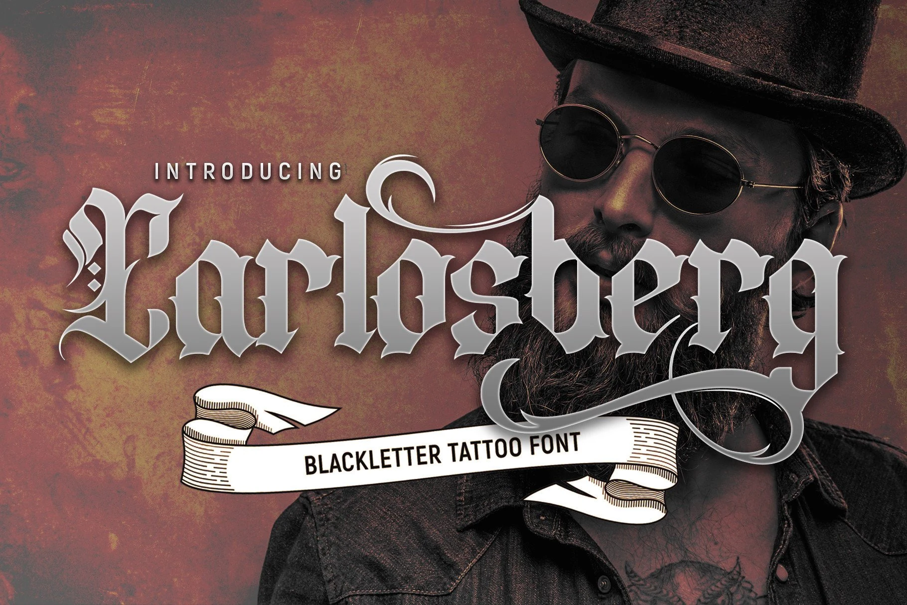 Carlosberg Font displayed in an ornamental blackletter style with angular high-contrast strokes, pointed terminals, and sweeping decorative swashes.