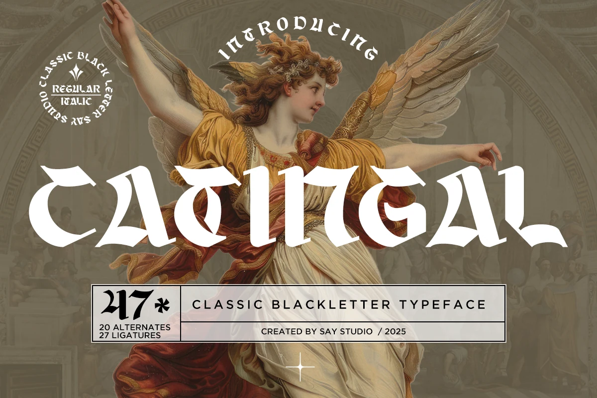 Catingal Font displaying bold gothic blackletter forms with sharp angles, vertical strokes, and pointed terminals.