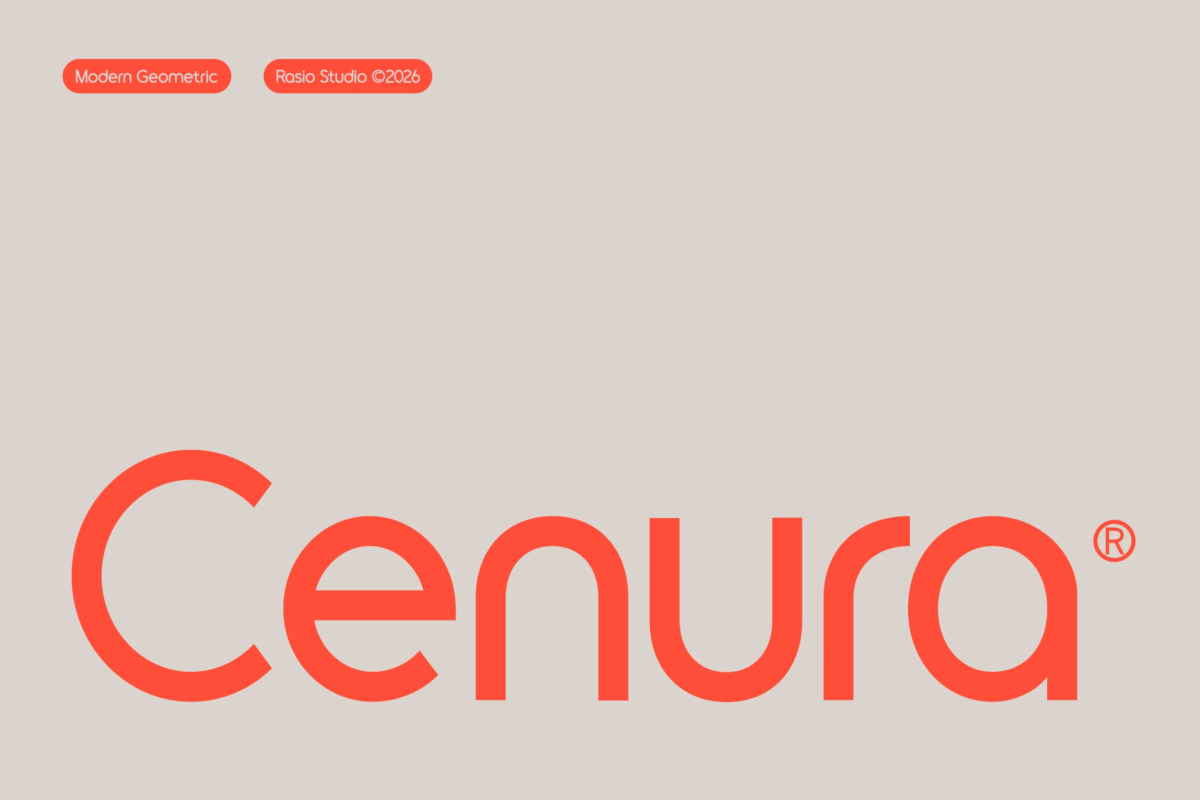 Cenura Font shown as large bold geometric sans-serif lettering with rounded terminals and uniform strokes.