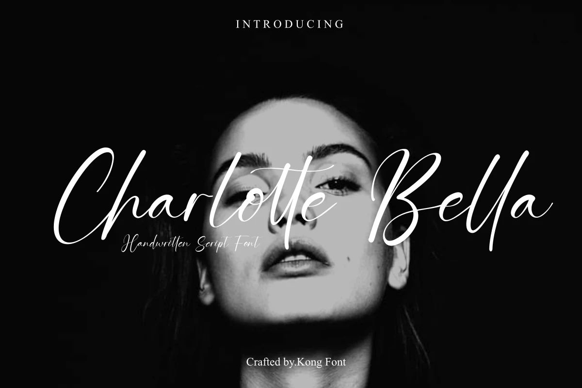 Charlotte Bella Font showing connected flowing script lettering with high contrast, elongated swashes, and a consistent rightward slant.